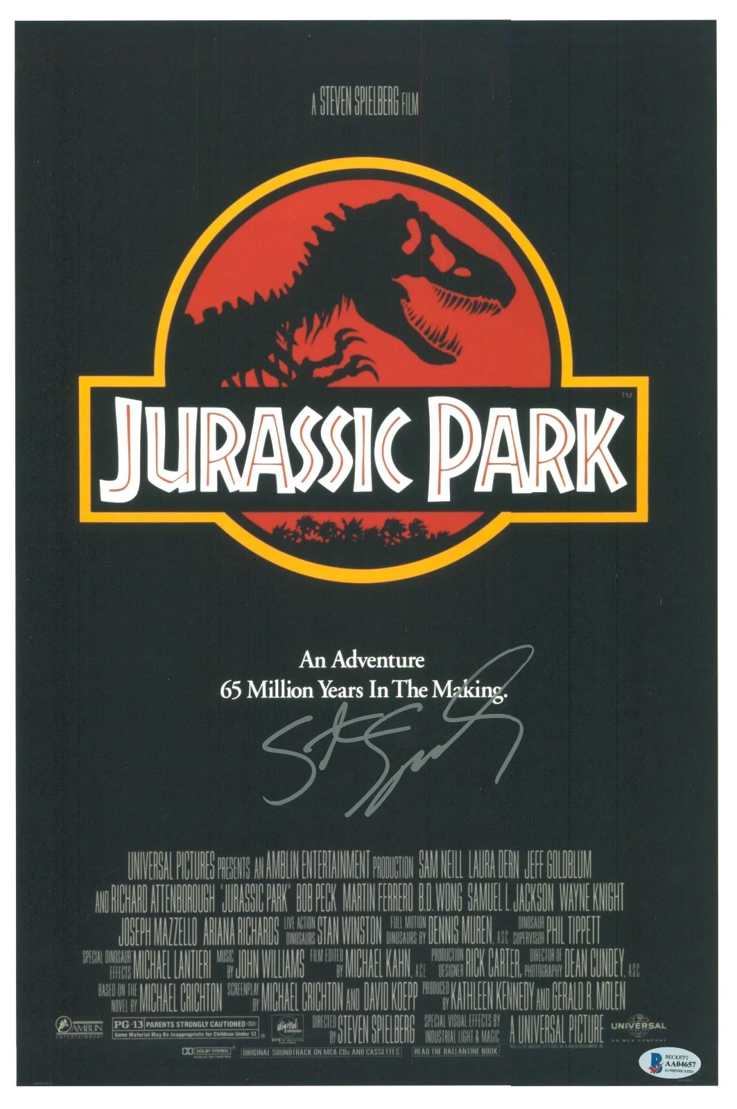 STEVEN SPIELBERG — STEVEN SPIELBERG SIGNED AUTOGRAPH JURASSIC PARK 12X18 PHOTO POSTER BECKETT BAS
