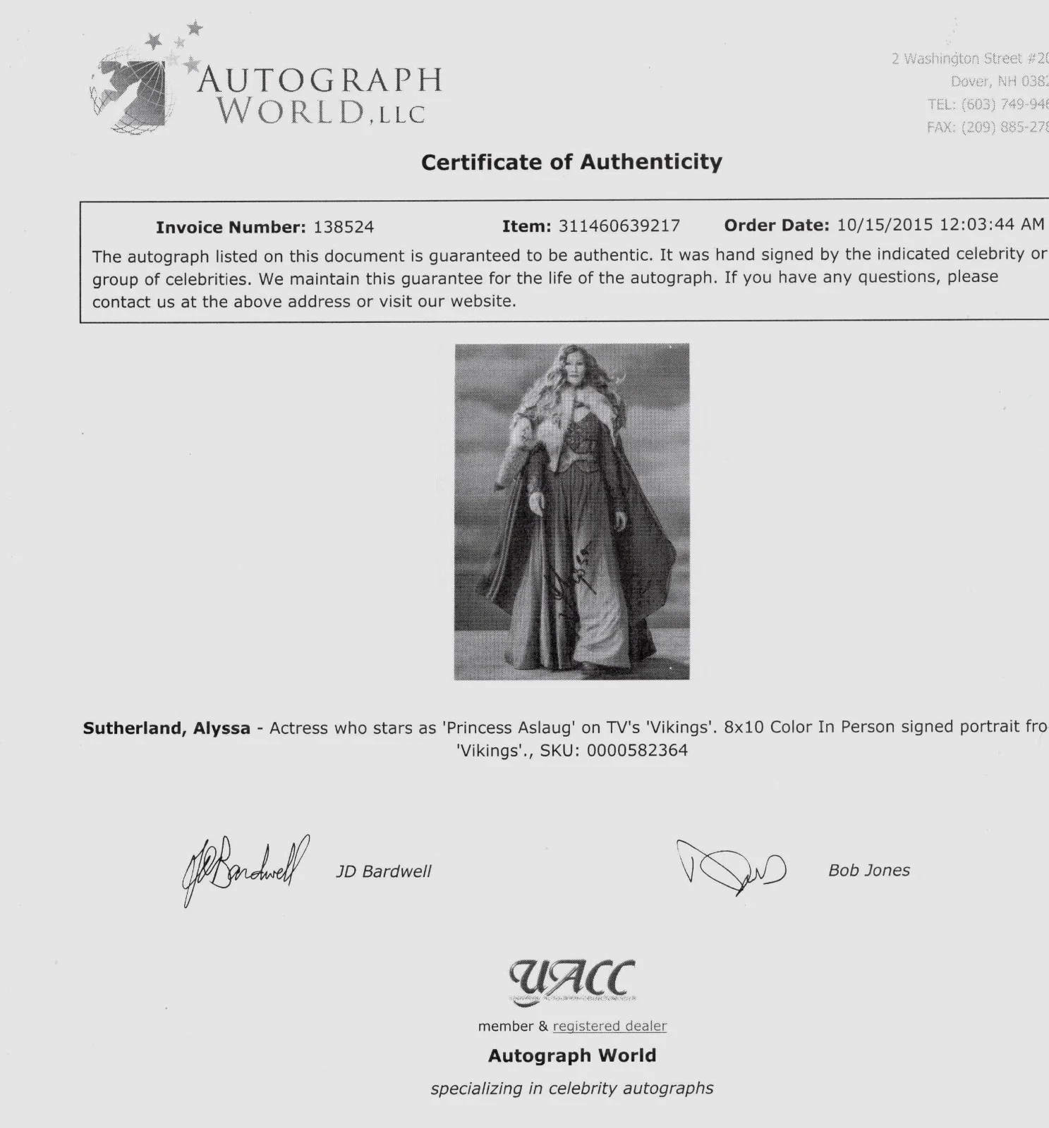 Alyssa Sutherland — AUTOGRAPHED 8X10 SIGNED BY ALYSSA SUTHERLAND IN VIKINGS UACC COA, image 2