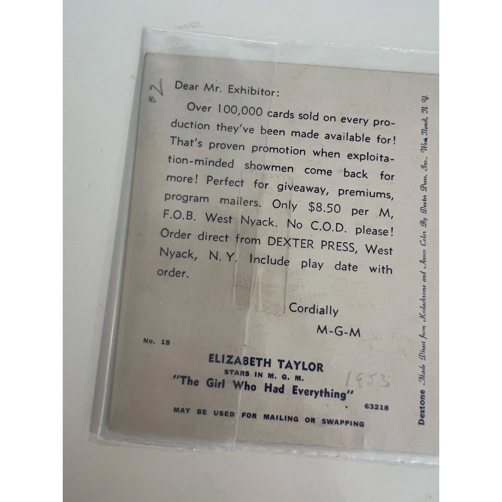 Actress Elizabeth Taylor Postcard MGM's Movie The Girl Who Had Everything JL, изображение 3