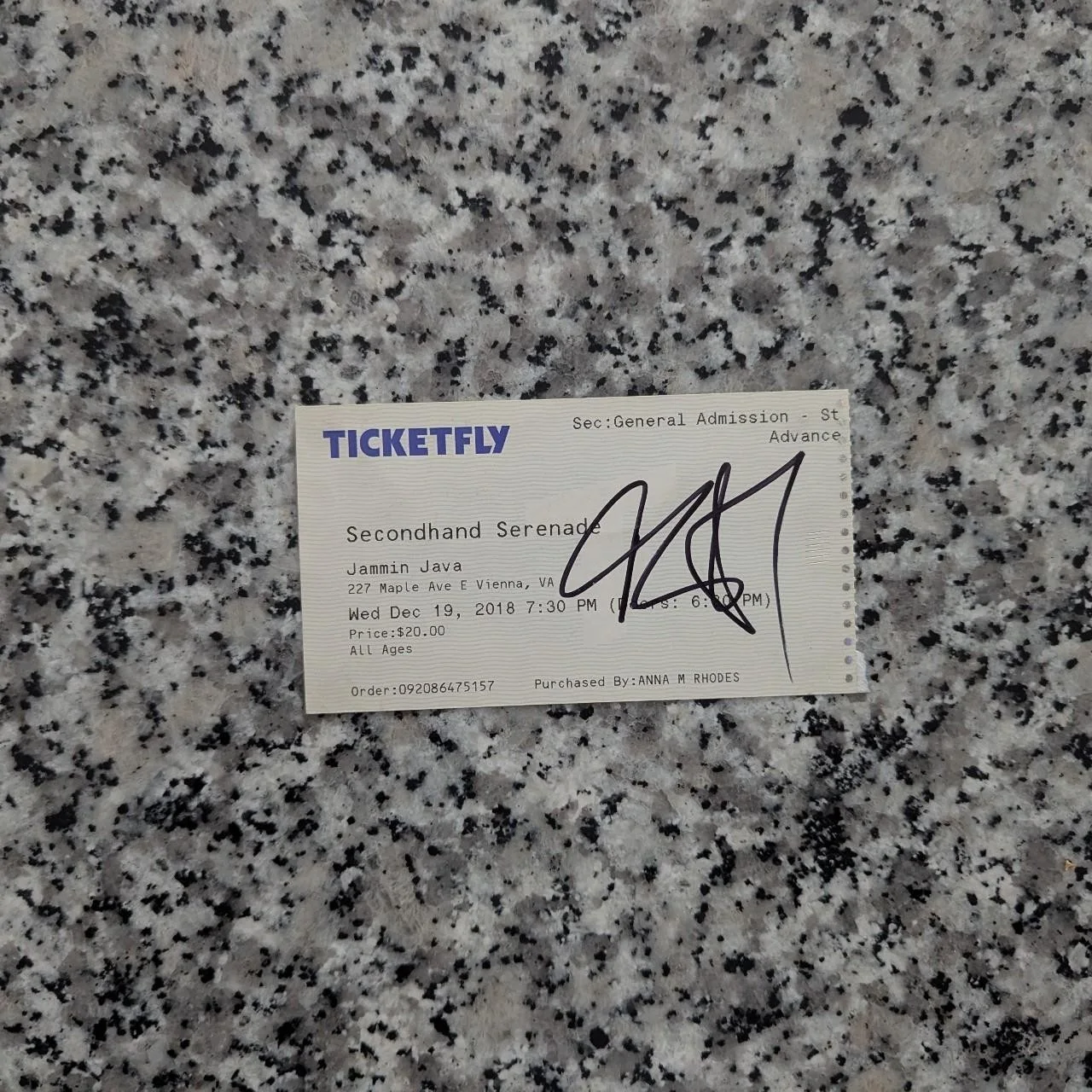 Secondhand Serenade Autographed Original Concert Ticket Jammin Java 12/19/18, image 2