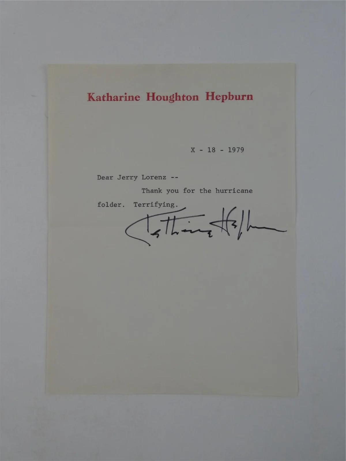 Katherine Hepburn — Katharine Hepburn Signed Typed Letter TLS Autographed 6x8 w/ Envelope, JSA COA, image 2