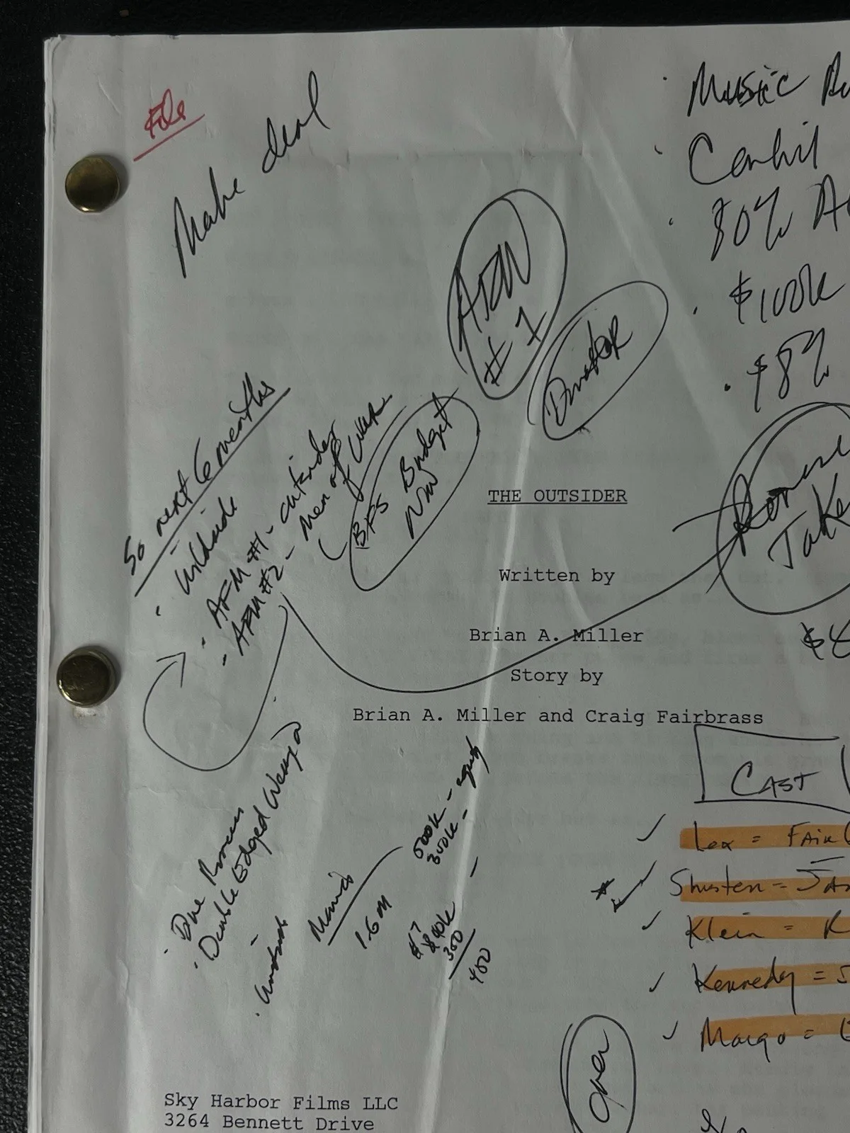 The Outsider Signed Screenplay Script Brian A. Miller Notes Contract 2012, image 2