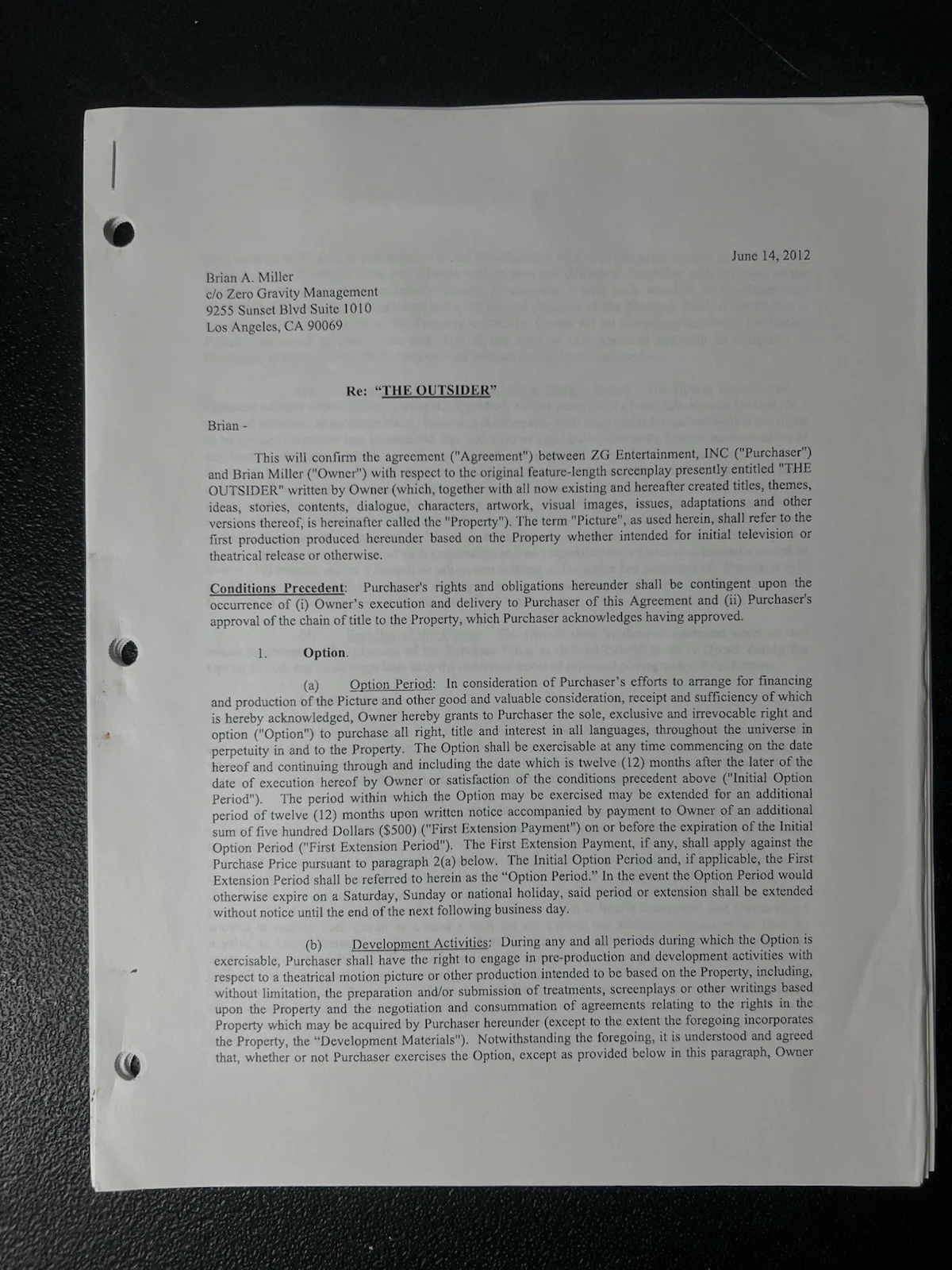 The Outsider Signed Screenplay Script Brian A. Miller Notes Contract 2012, image 4