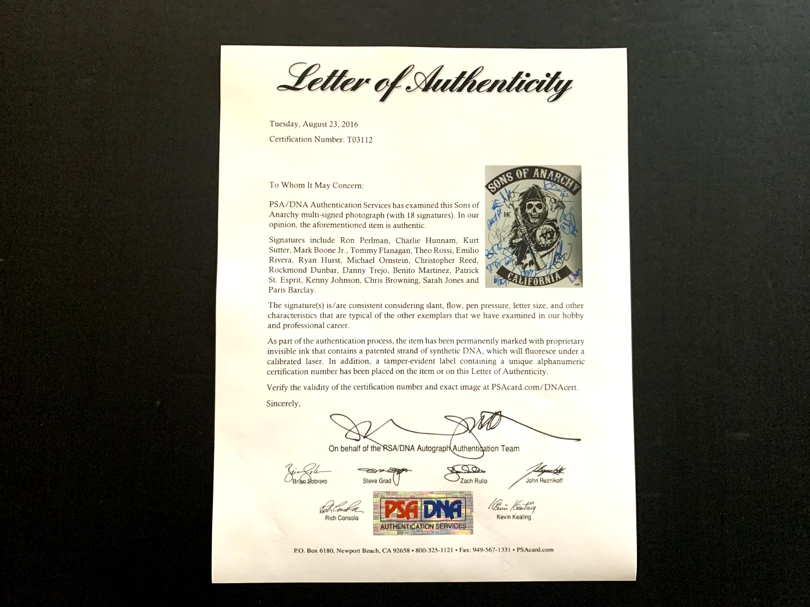 Taylor Sheridan — Sons Of Anarchy Cast Signed SAMCRO Print - One Of A Kind Autographed PSA/DNA COA, image 3