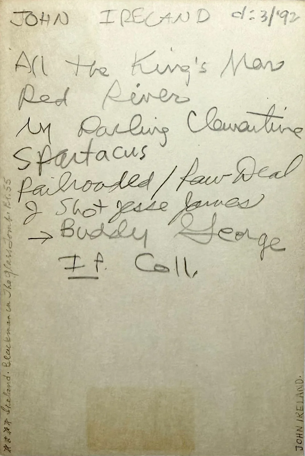 John Ireland — JOHN IRELAND Signed Autographed 4"x 6" INDEX CARD All the King's Men PARTY GIRL, изображение 3
