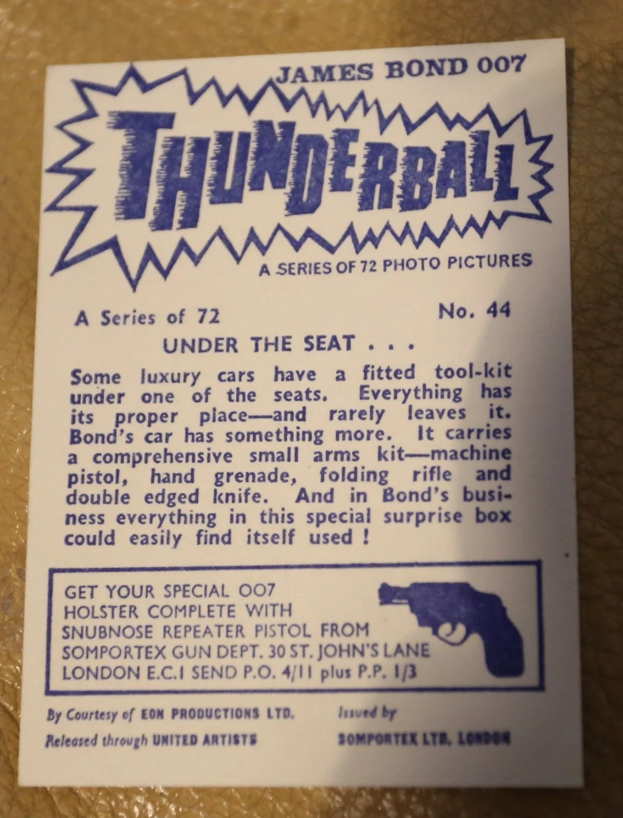 JAMES BOND SOMPORTEX THUNDERBALL 1966 ORIGINAL TRADING CARD EX COND NUMBER 44, image 2