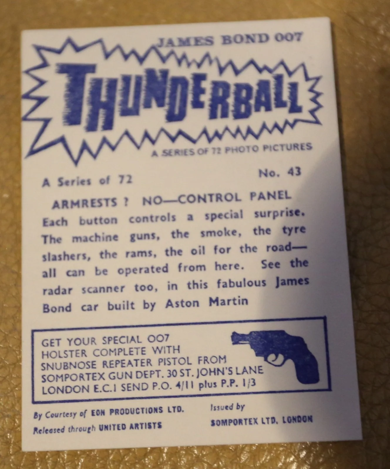 JAMES BOND SOMPORTEX THUNDERBALL 1966 ORIGINAL TRADING CARD EX COND NUMBER 43, image 2