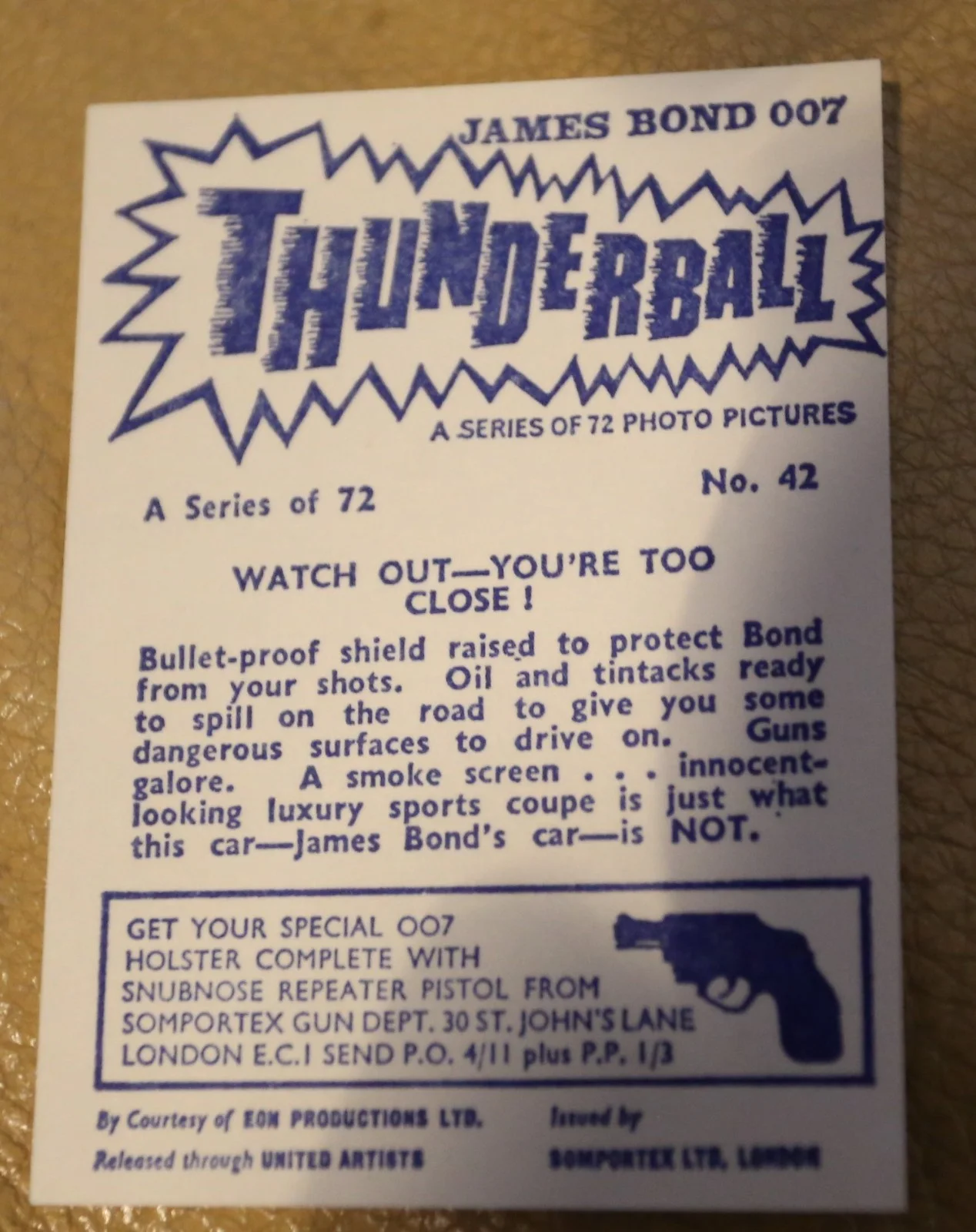 JAMES BOND SOMPORTEX THUNDERBALL 1966 ORIGINAL TRADING CARD EX COND NUMBER 42, image 2
