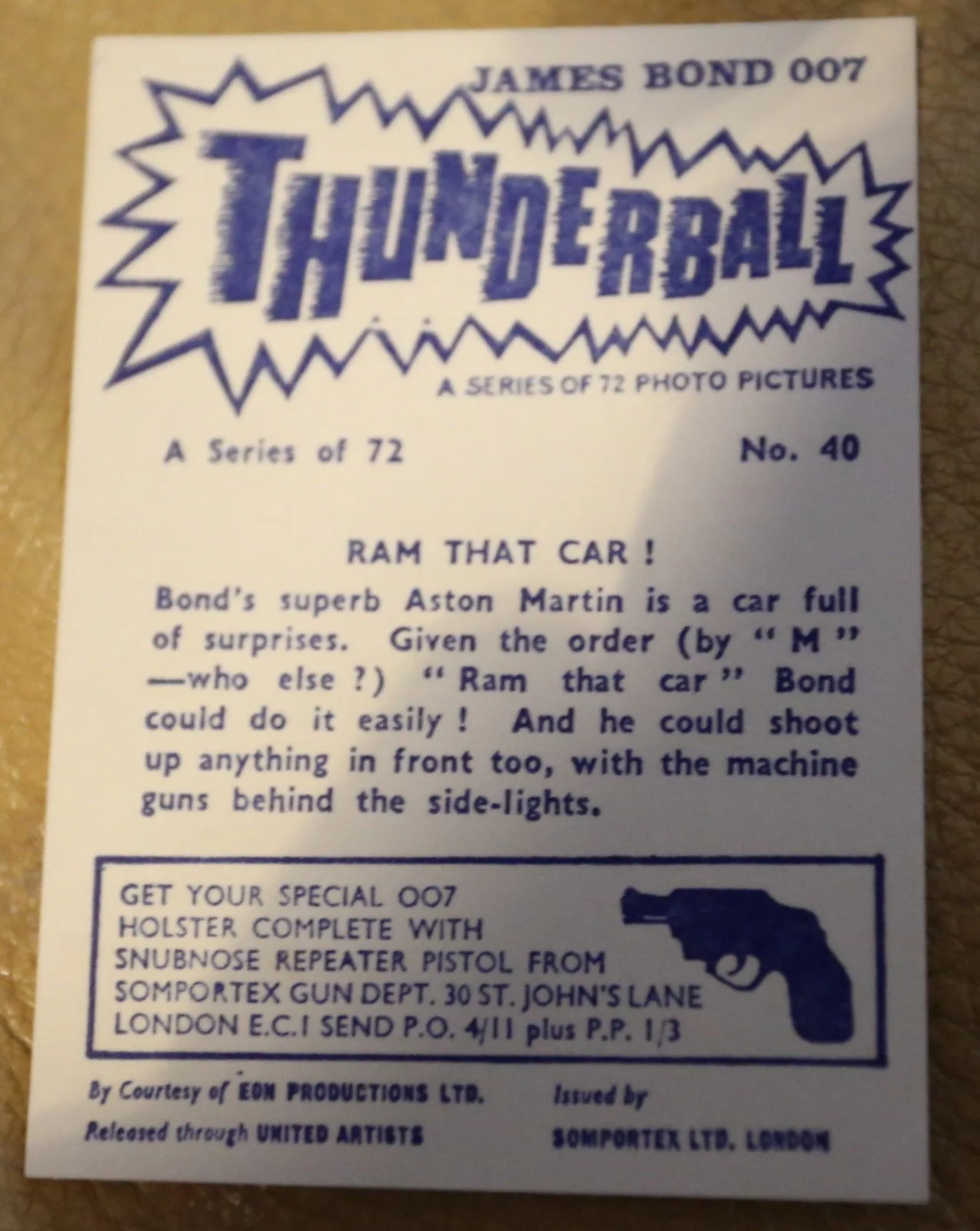 JAMES BOND SOMPORTEX THUNDERBALL 1966 ORIGINAL TRADING CARD EX COND NUMBER 40, изображение 2