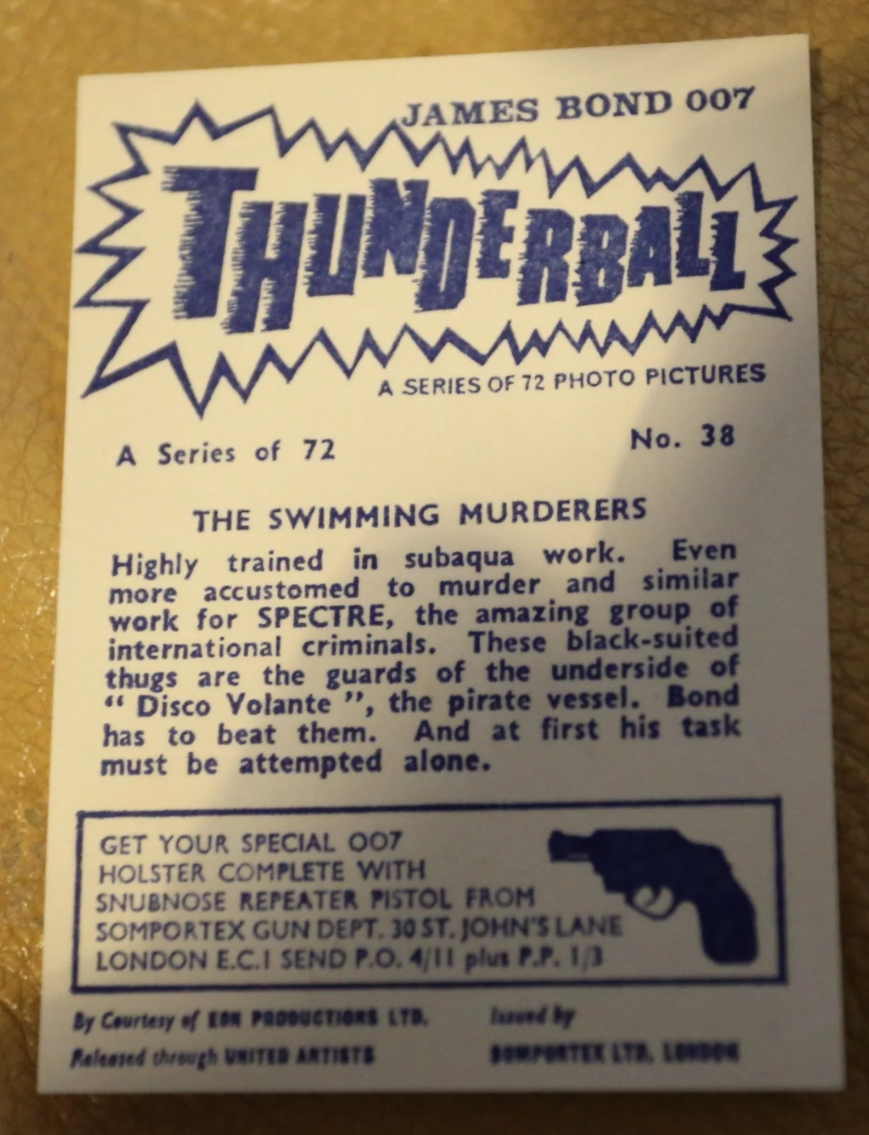 JAMES BOND SOMPORTEX THUNDERBALL 1966 ORIGINAL TRADING CARD EX COND NUMBER 39, image 2