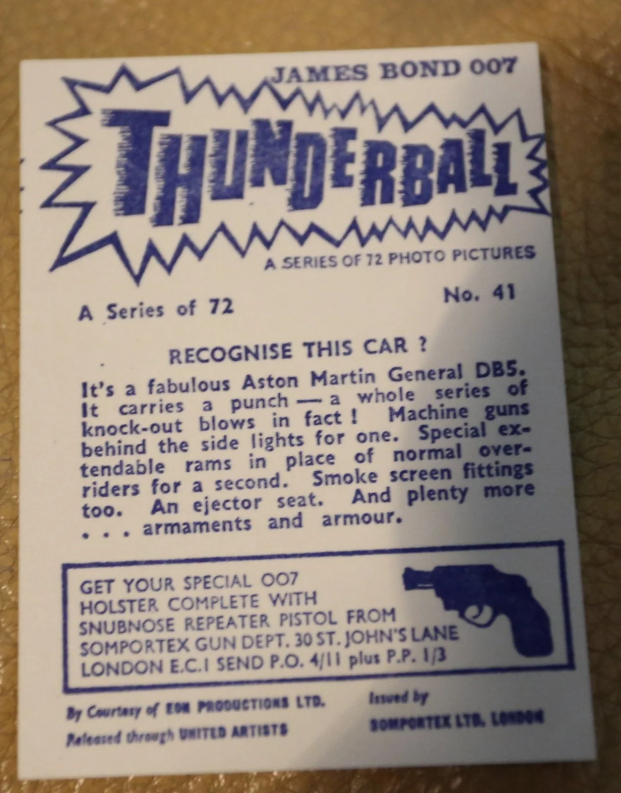 JAMES BOND SOMPORTEX THUNDERBALL 1966 ORIGINAL TRADING CARD EX COND NUMBER 41, изображение 2