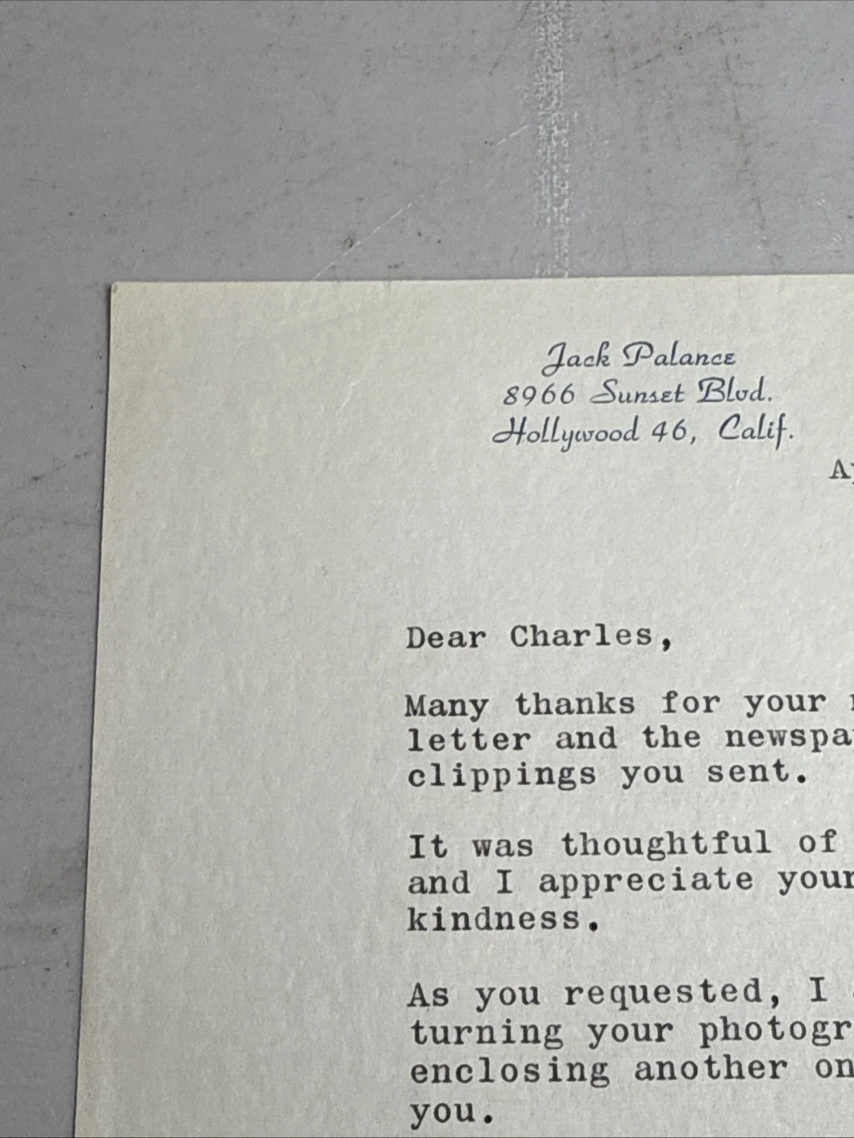 Jack Palance — Jack Palance Signed Letter 1957 Autograph Vintage Hollywood Actor Note, image 2