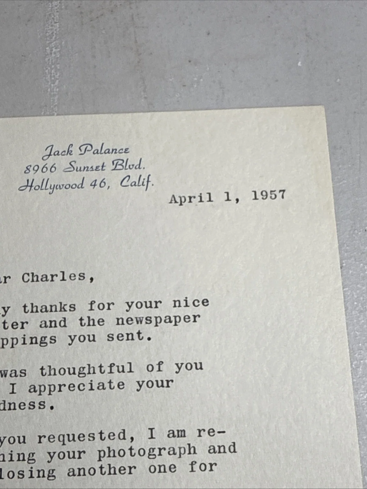 Jack Palance — Jack Palance Signed Letter 1957 Autograph Vintage Hollywood Actor Note, image 3