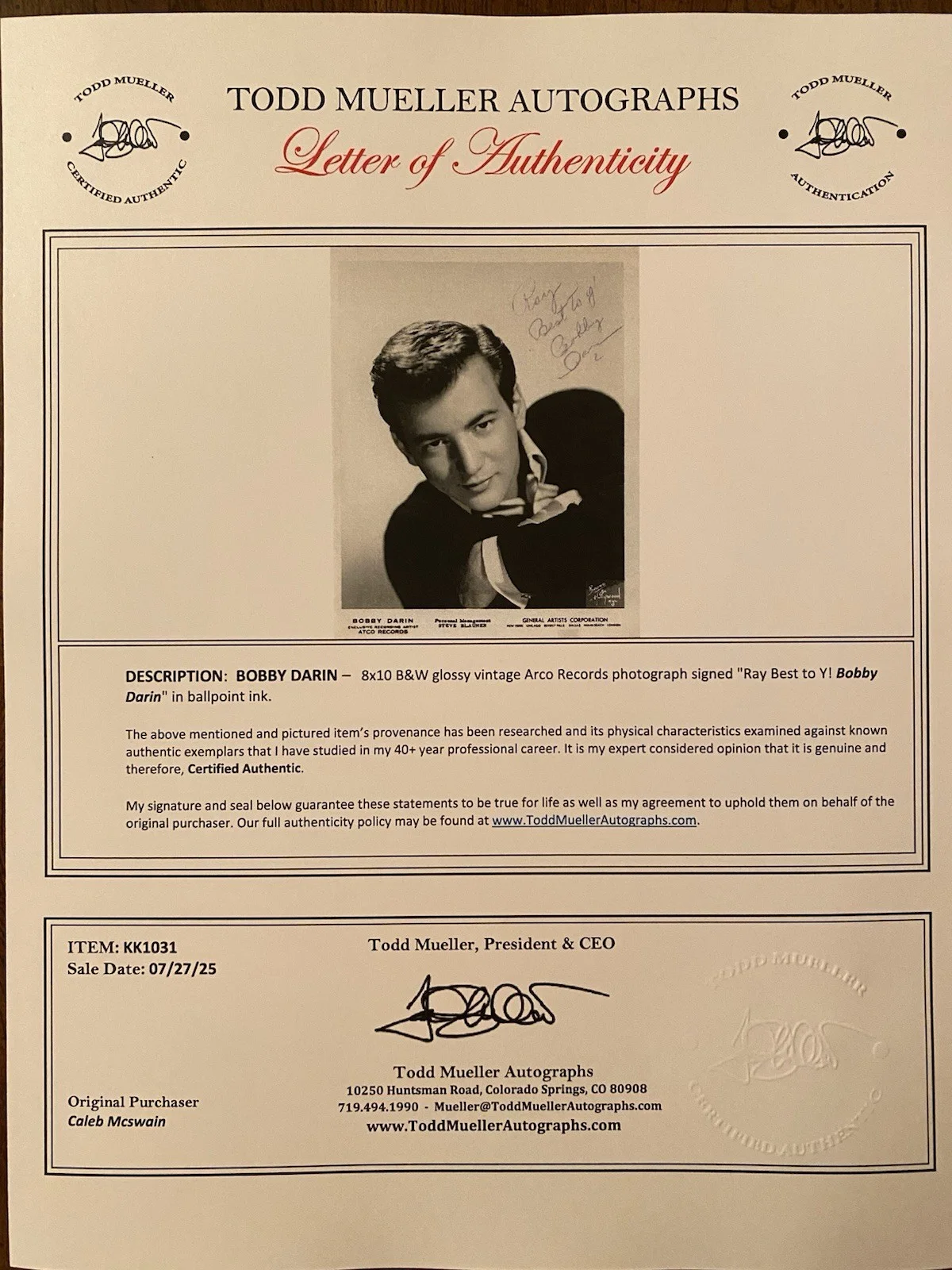 Bobby Darin Signed Autographed Photo With COA Singer Actor Mack The Knife Etc, image 4