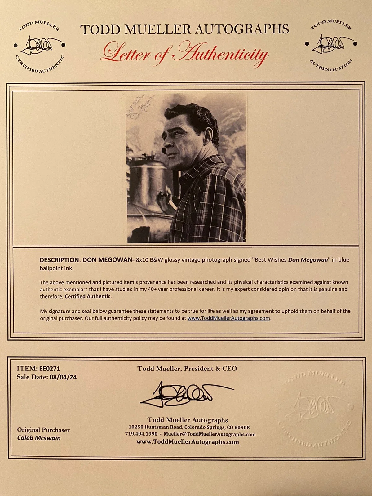Don Megowan — Don Megowan Signed Autographed Photo w/ COA The Werewolf Davy Crockett Etc RARE, изображение 4