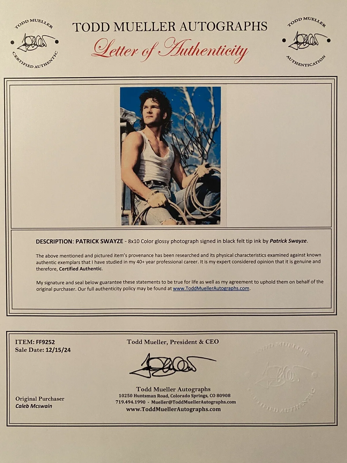 Patrick Swayze — Patrick Swayze Signed Autographed Photo With COA Ghost Dirty Dancing Roadhouse, изображение 3