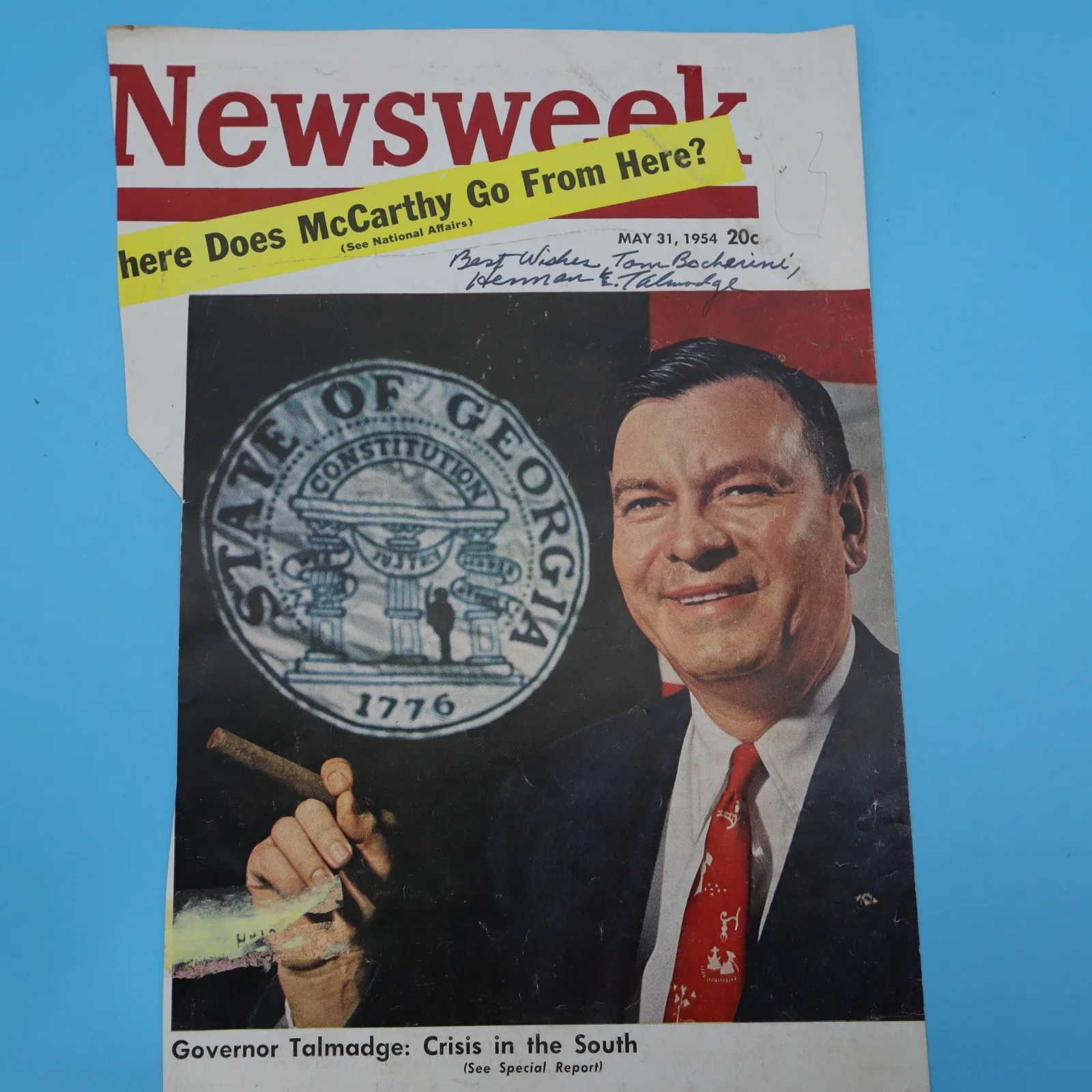 HERMAN E. TALMADGE 1913-02 HAND SIGNED AUTOGRAPHED NEWSWEEK MAGAZINE COVER 1954, изображение 2
