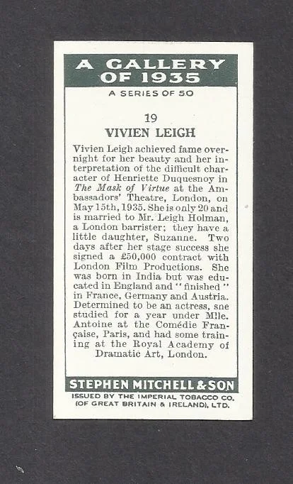 90 YEAR OLD VINTAGE ORIGINAL VIVIEN LEIGH CARD HOLLYWOOD FILM STAR 1936 TC2B7, изображение 2