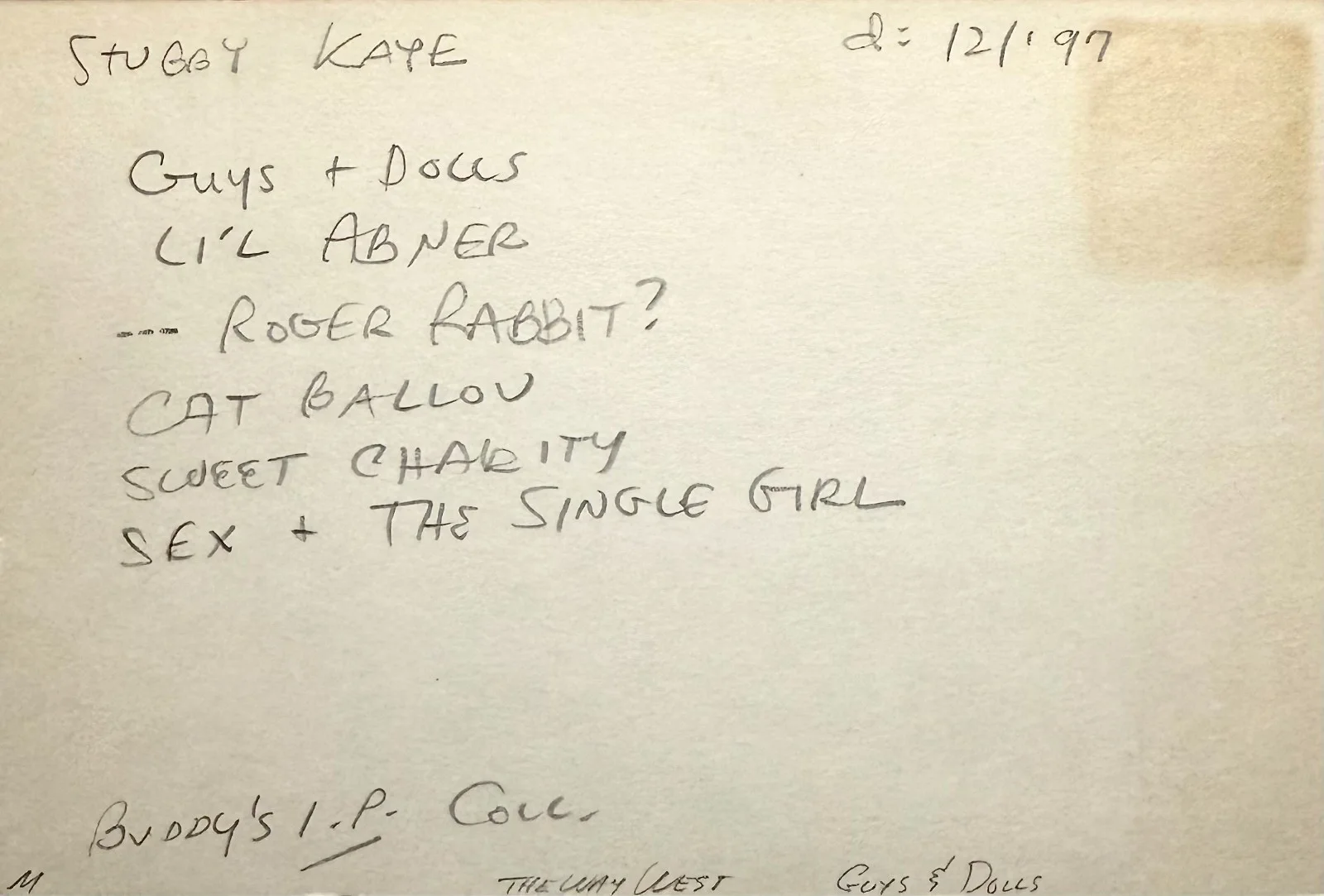Stubby Kaye — STUBBY KAYE Signed Autographed 4"x 6" INDEX CARD TAXI Guys and Dolls SHENANIGANS, image 2