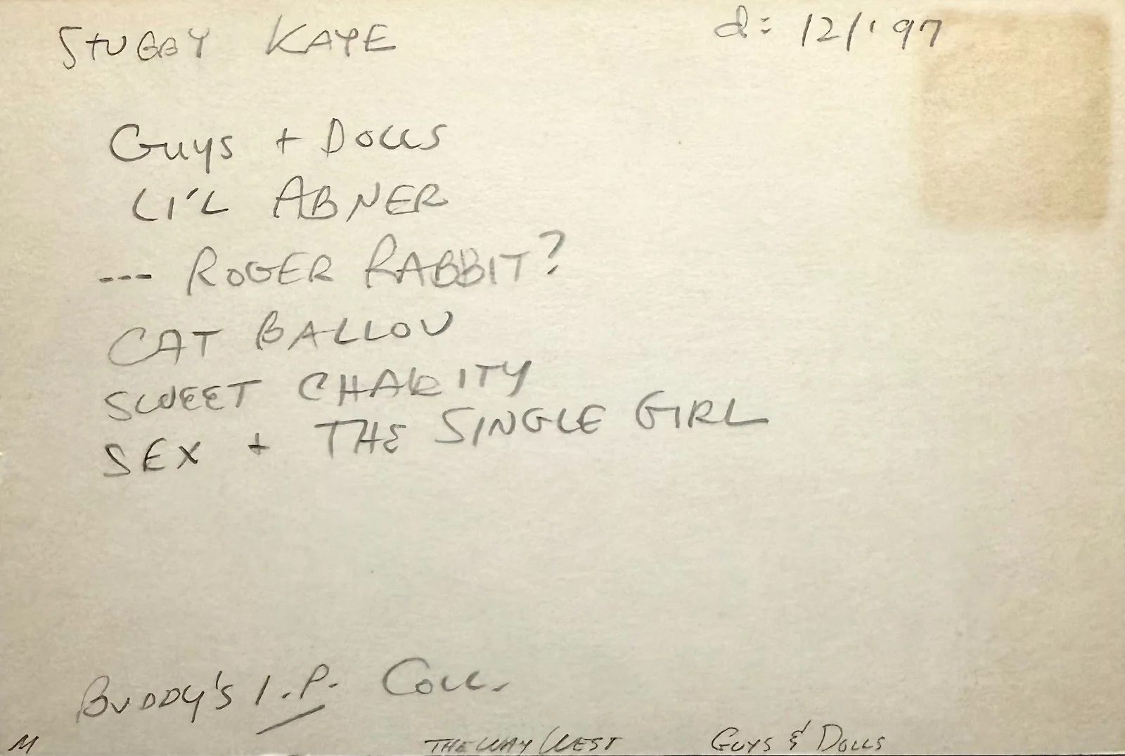 Stubby Kaye — STUBBY KAYE Signed Autographed 4"x 6" INDEX CARD TAXI Guys and Dolls SHENANIGANS, image 4