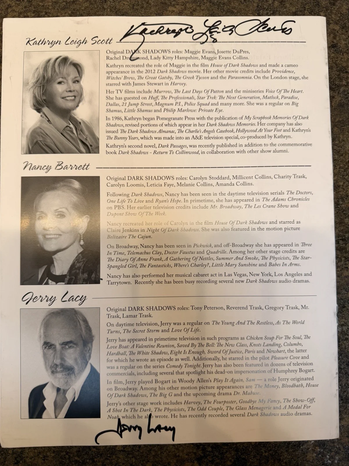 Kathryn Lee Scott — Autographed Dark Shadows Weekend 2012 Booklet - Jerry Lacy / Kathryn Leigh Scott, image 2