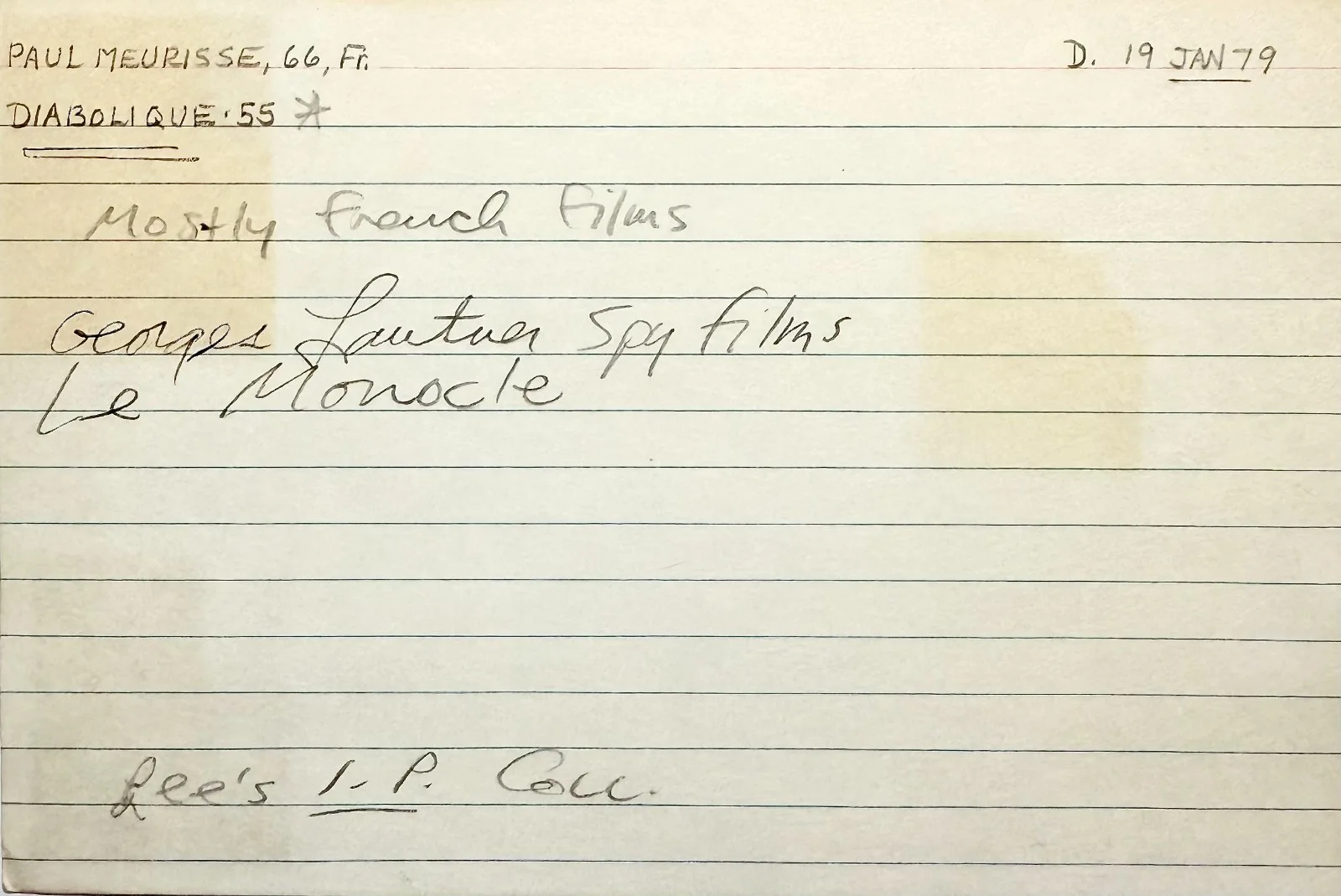 Paul Meurisse — PAUL MEURISSE Autographed Signed 4" x 6" INDEX CARD The Black Monocle DIABOLIQUE, изображение 4