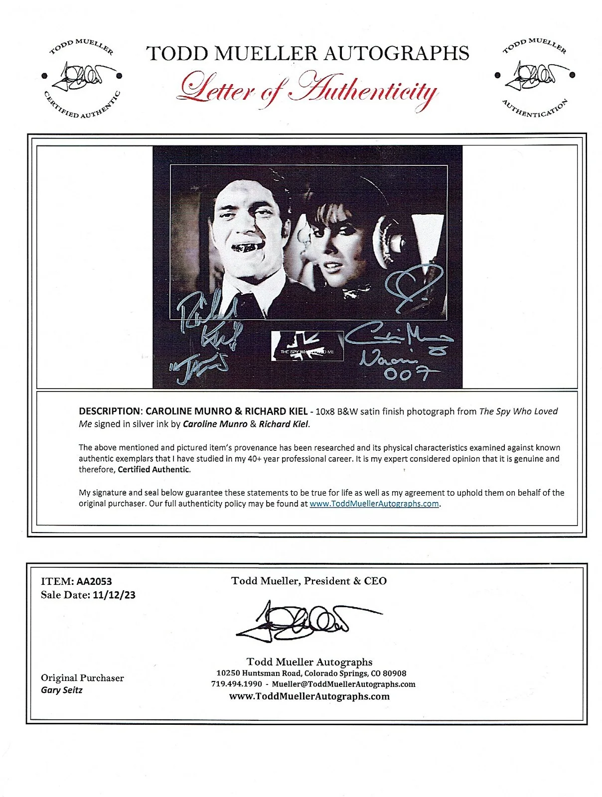 CAROLINE MUNRO, RICHARD KIEL — CAROLINE MUNRO & RICHARD KIEL HAND SIGNED PHOTO - THE SPY WHO LOVED ME 10X8, изображение 3