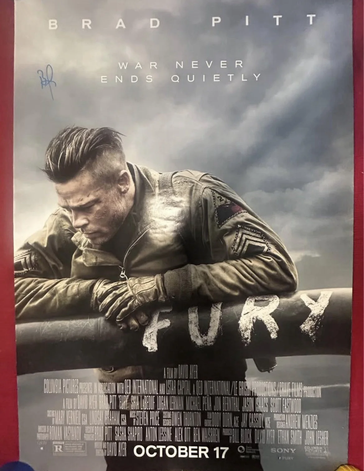 Brad Pitt — Fury Original Theatrical Poster 27X40 Signed by Brad Pitt