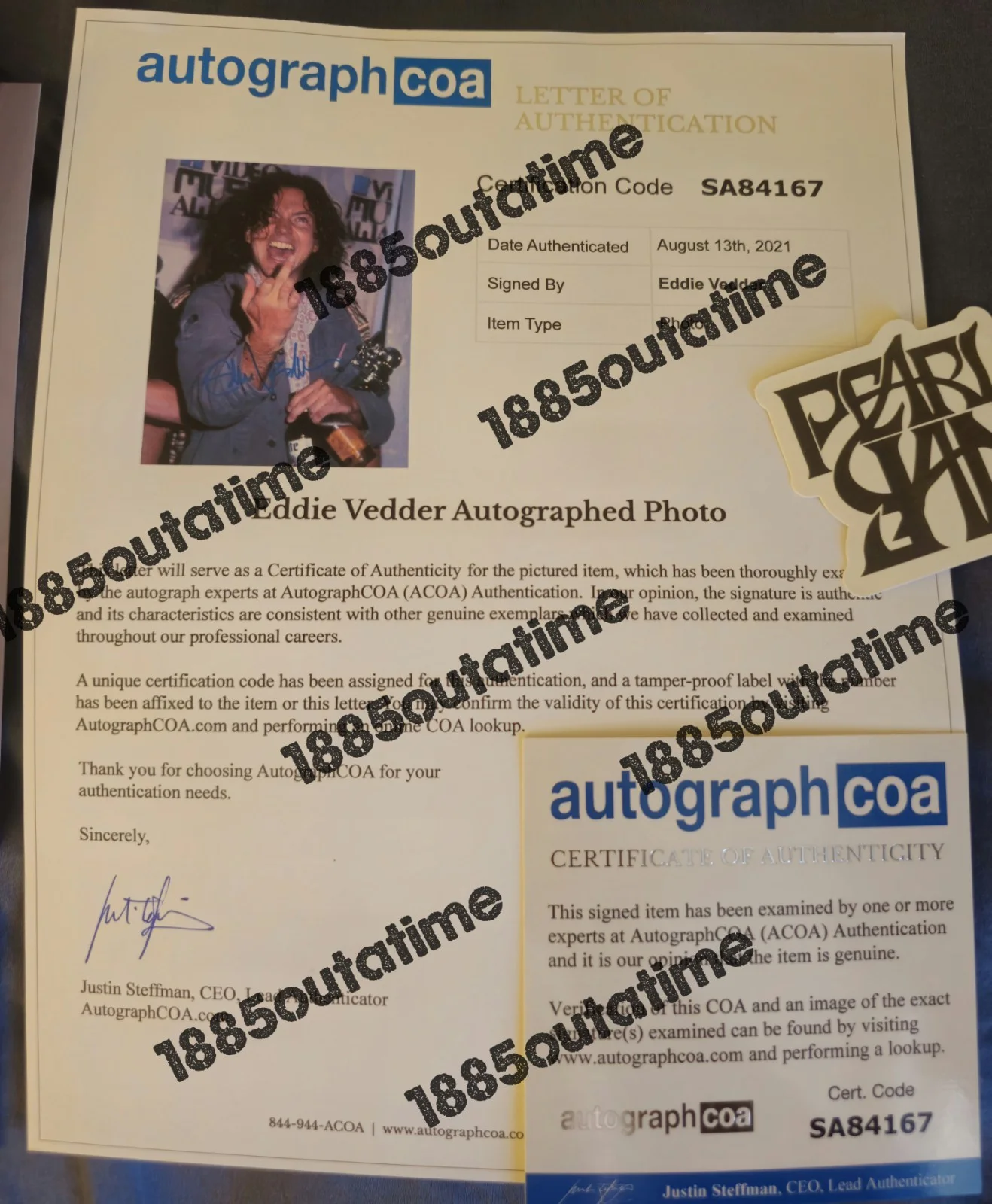 Eddie Vedder Signed Photo- 8x10- PEARL JAM- ACOA Authenticated, image 2