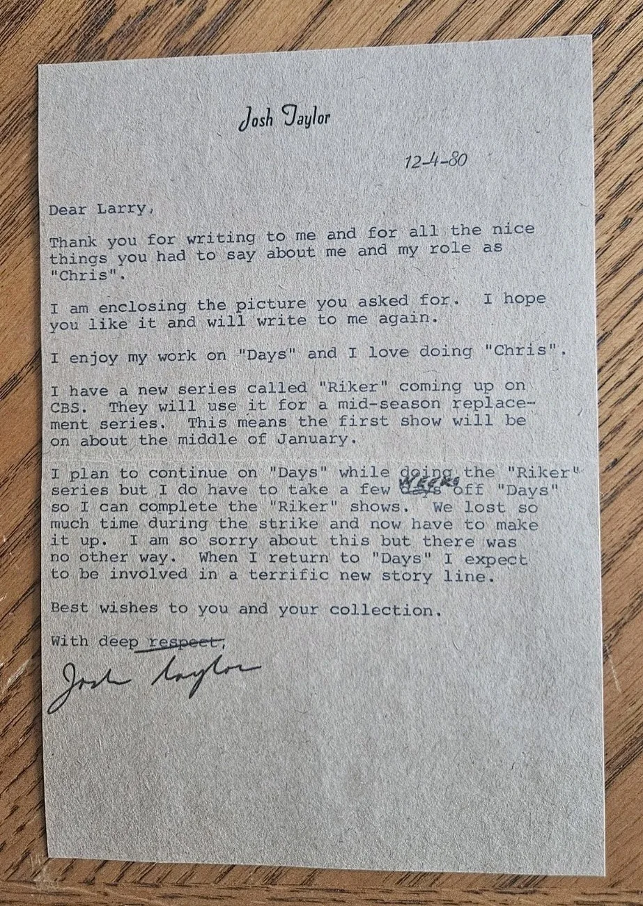 Josh Taylor — Josh Taylor rare signed letter AND photo, Days of Our Lives, Beverly Hills 90210, изображение 2