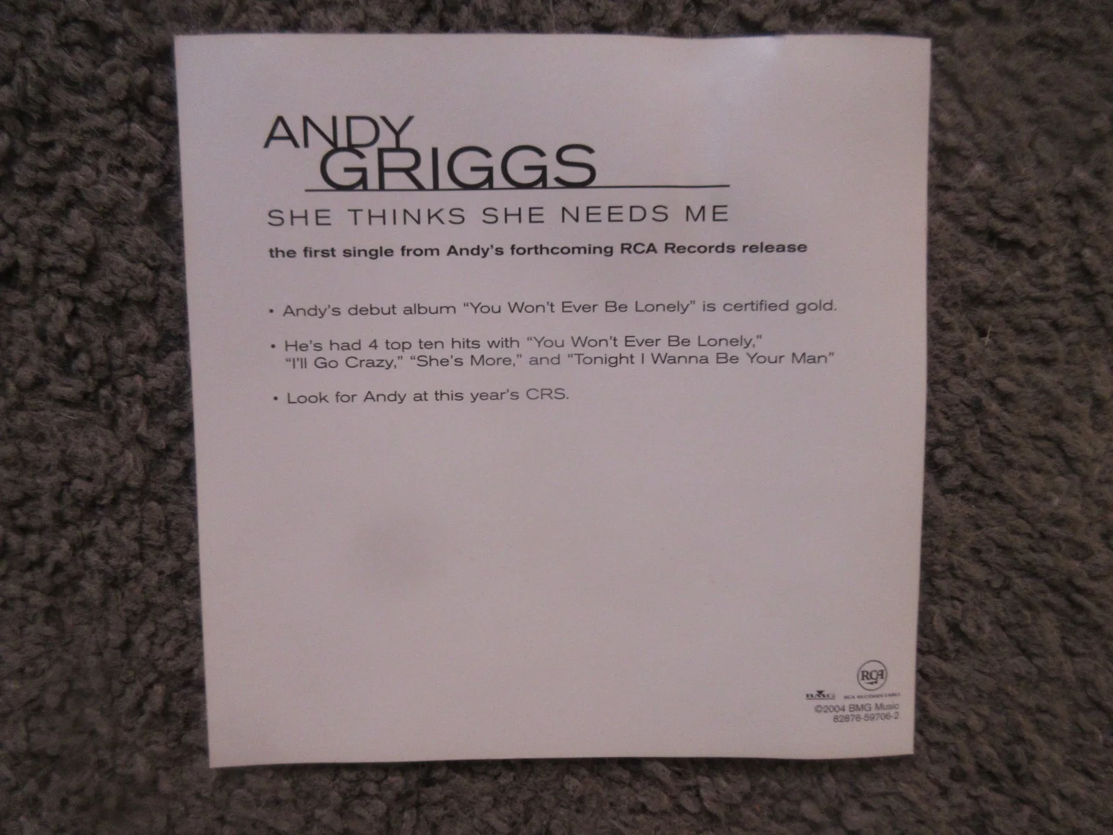 ANDY GRIGGS COUNTRY ARTIST SIGNED "SHE THINKS SHE NEEDS ME" 2003 PROMO CD SINGL., изображение 4