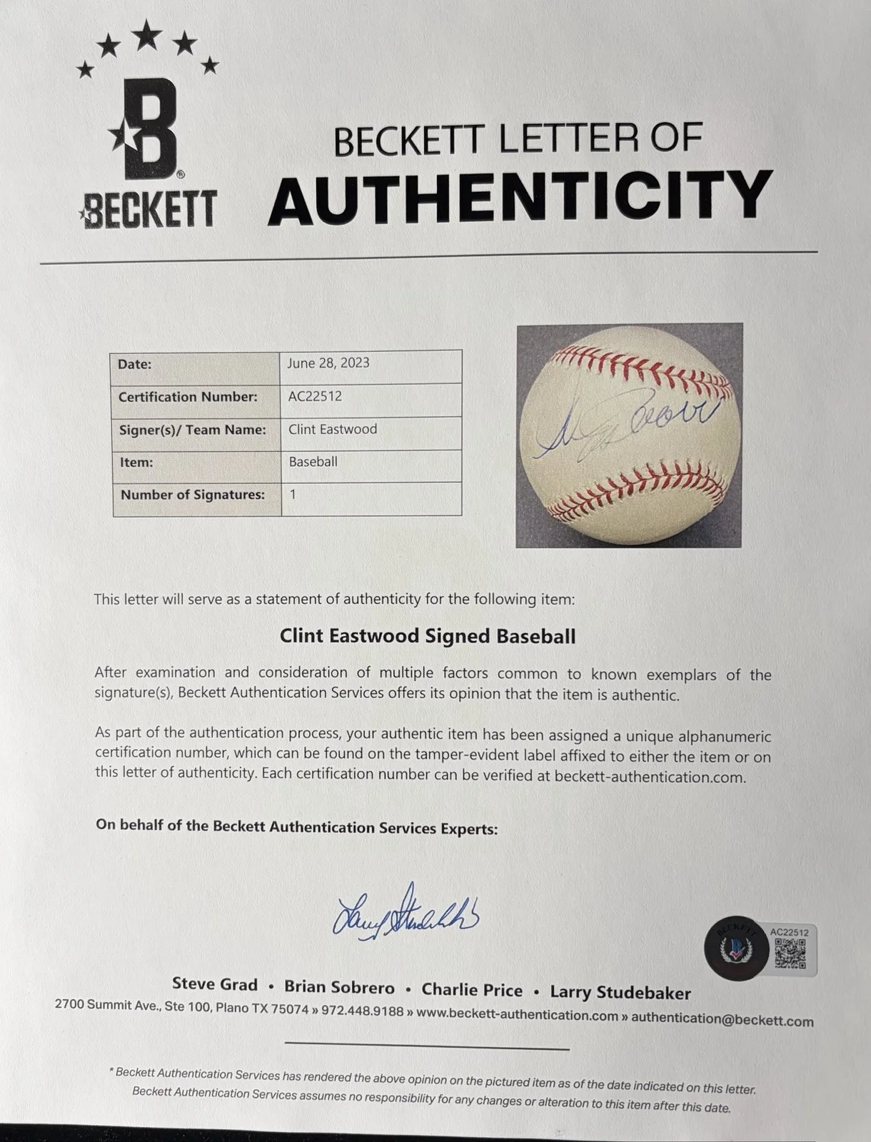 Clint Eastwood — Clint Eastwood Signed OML Baseball PSA DNA & BAS Beckett LOA’s Autograph, image 2
