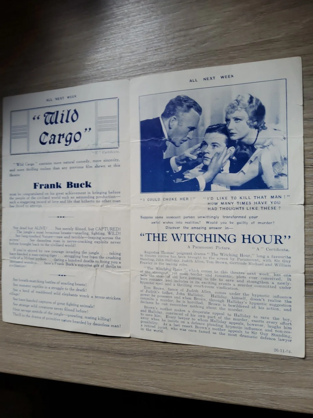 CINEMA FLYER 1934,CARDIFF CAPITAL,WILD CARGO,THE WITCHING HOUR, изображение 2