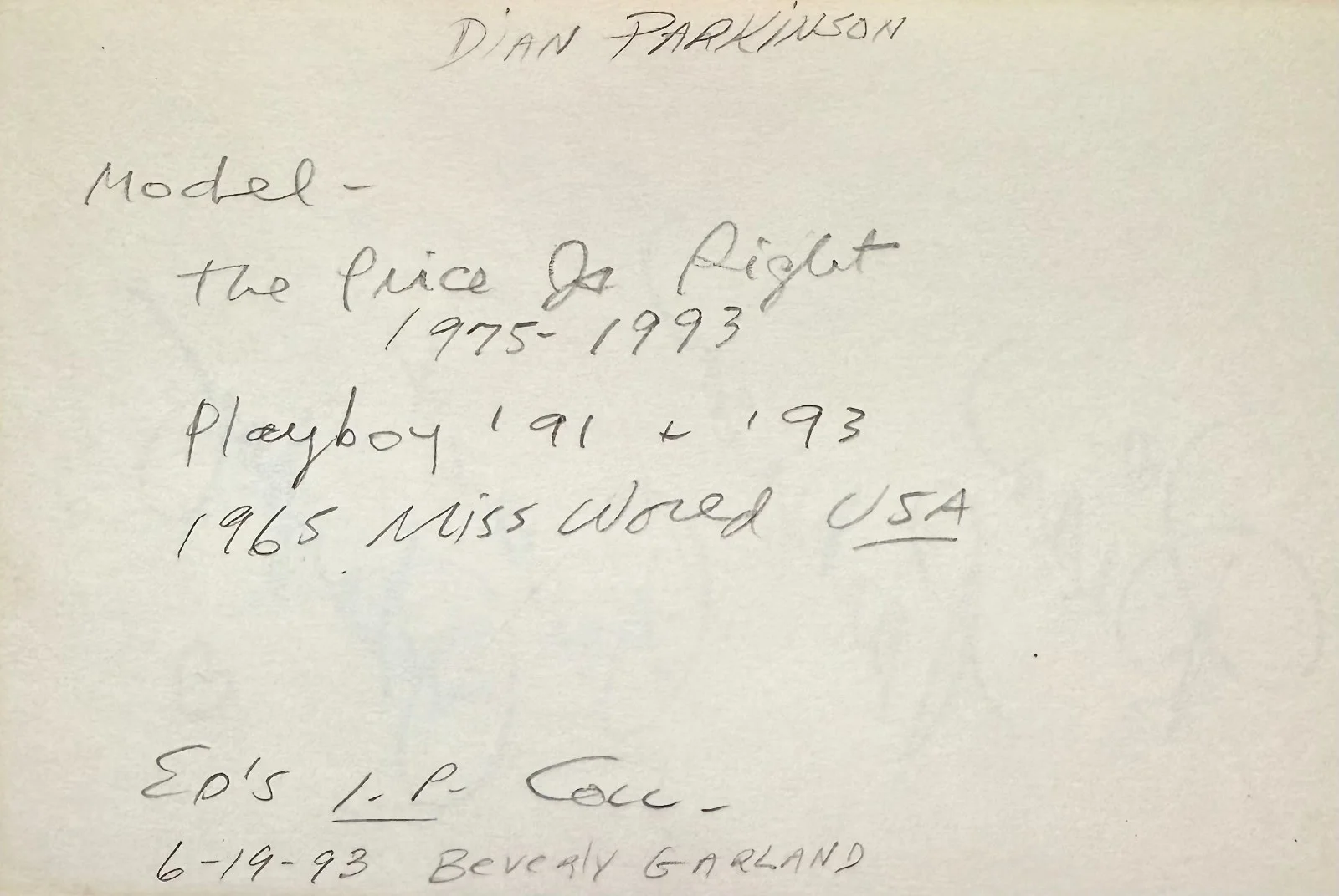 Dian Parkinson — DIAN PARKINSON Signed Autographed 4"x 6" INDEX CARD The Price Is Right PLAYBOY, изображение 2
