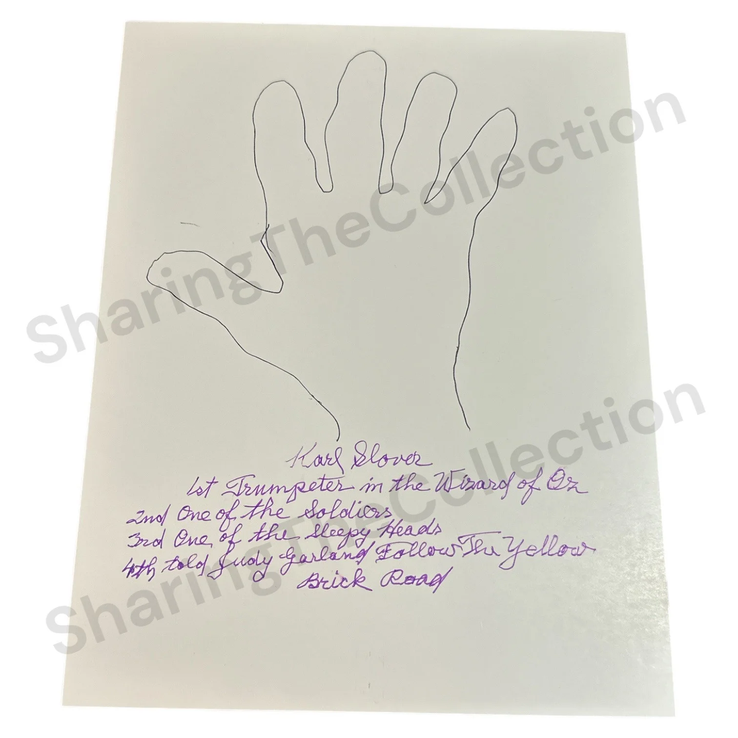 Karl Slover — Karl Slover (d. 2011) AUTOGRAPHED Hand Tracing! Wizard of Oz Trumpeter Munchkin!
