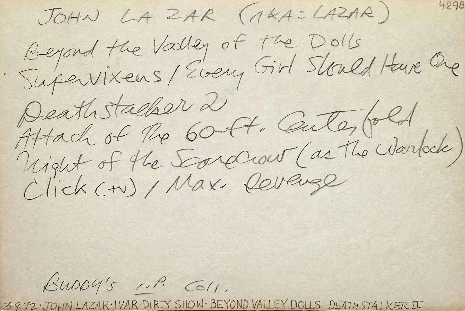 John LaZar — JOHN LAZAR Signed Autographed 4" x 6" INDEX CARD Attack of the 60 Ft. Centerfold, image 2