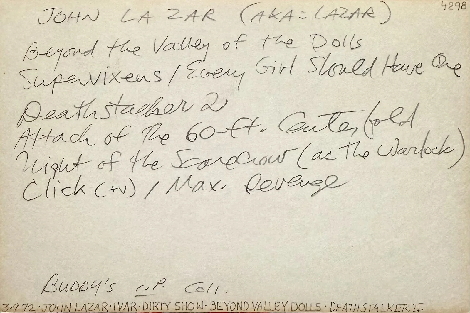 John LaZar — JOHN LAZAR Signed Autographed 4" x 6" INDEX CARD Attack of the 60 Ft. Centerfold, image 4