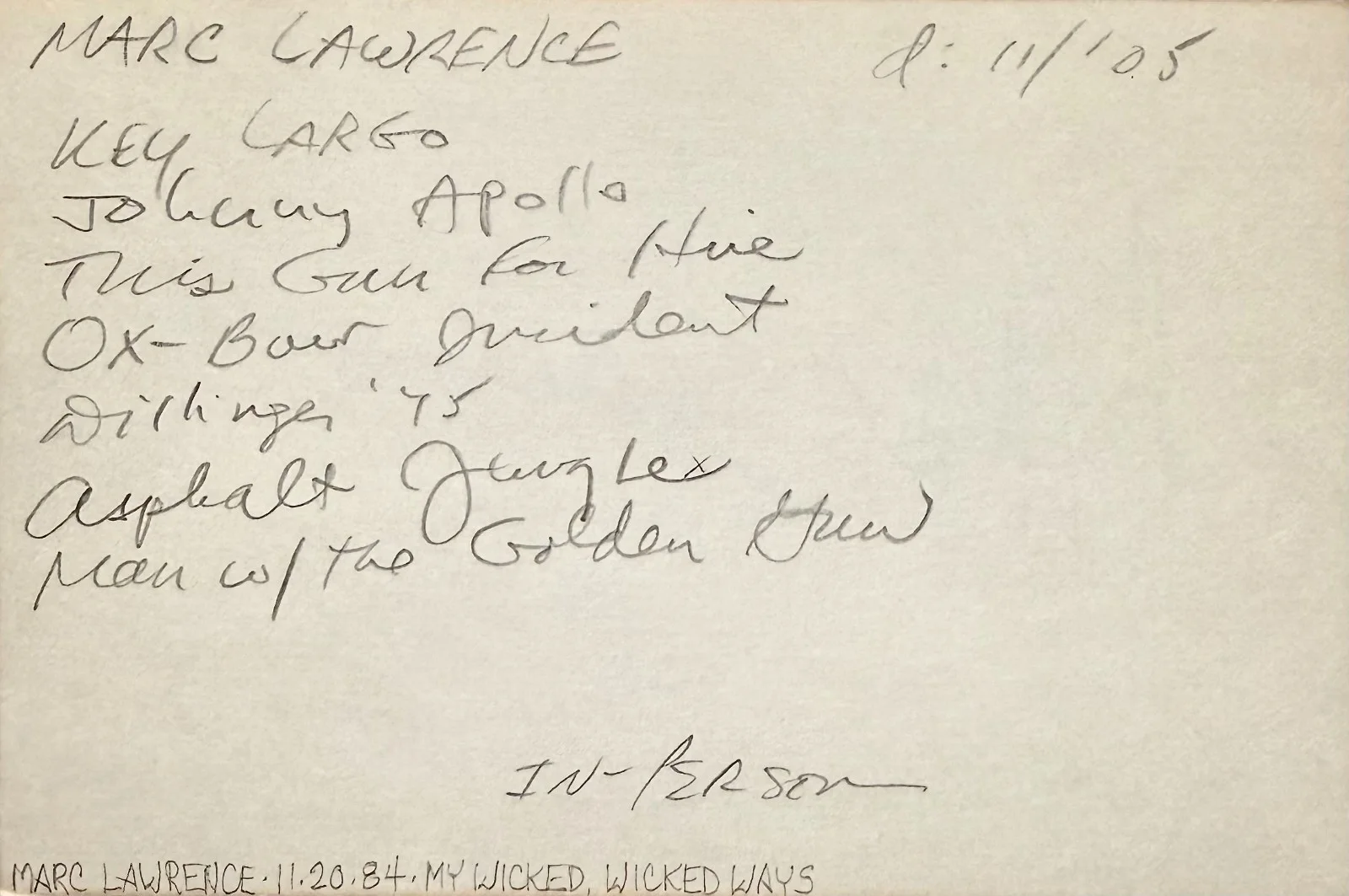 Marc Lawrence — MARC LAWRENCE Signed Autographed 4x6 INDEX CARD The Asphalt Jungle KONG ISLAND, изображение 2