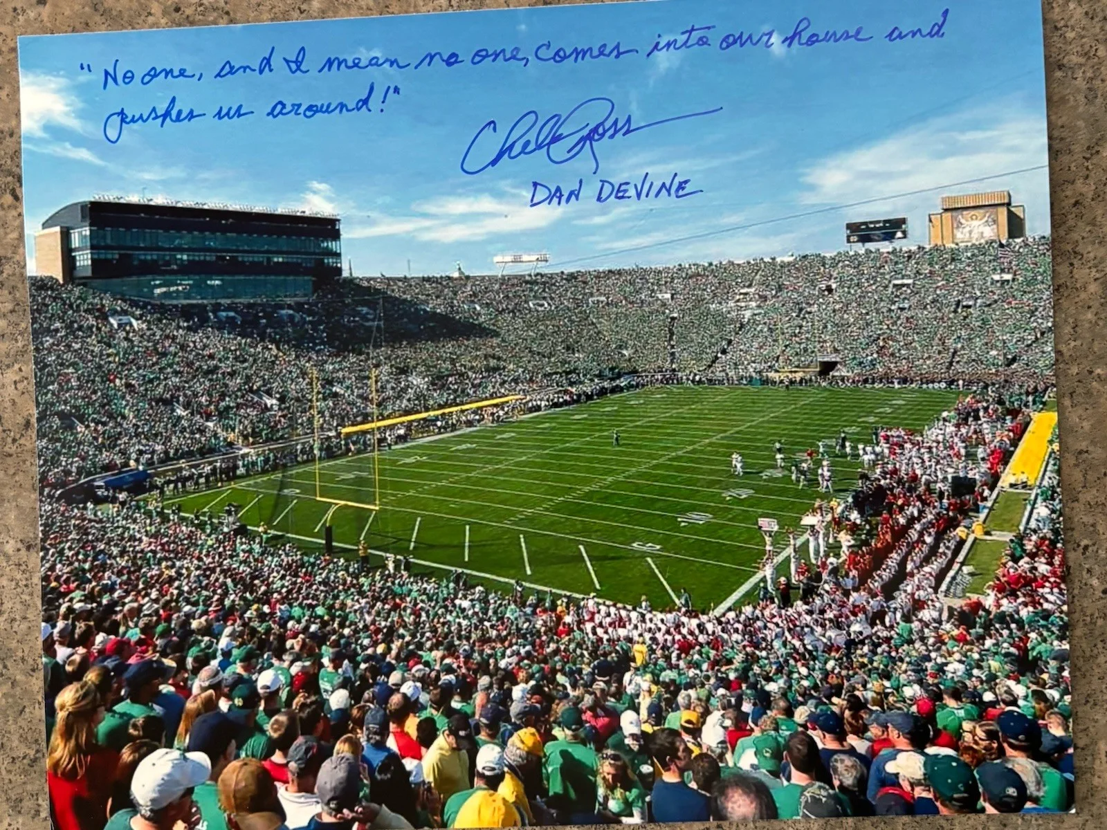 CHELCIE ROSS — CHELCIE ROSS SIGNED "DAN DEVINE" RUDY 1993 NOTRE DAME STADIUM 8X10 WITH QUOTE #3