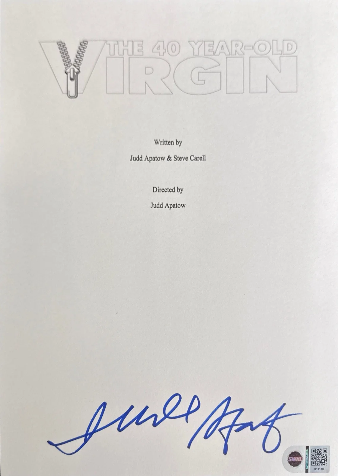 Judd Apatow — Judd Apatow Signed 8x10 The 40 Year Old Virgin Script Cover Only SWAU S18150