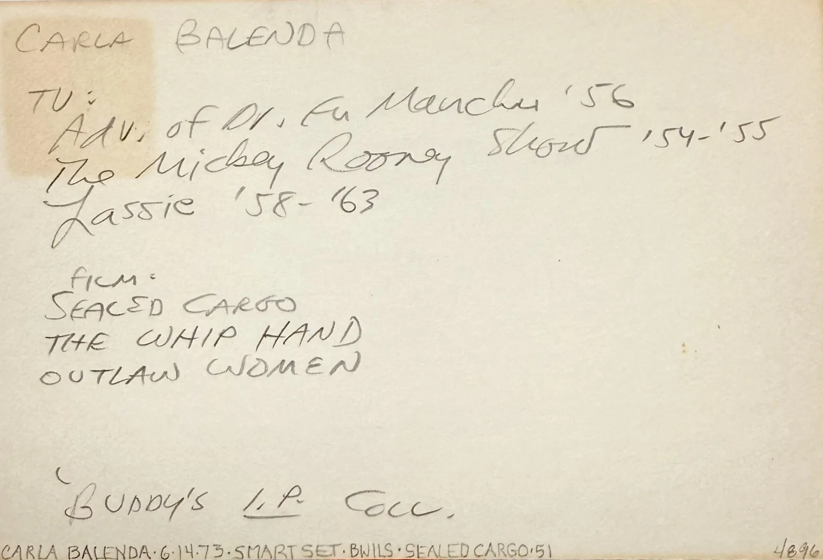 Carla Balenda — CARLA BALENDA Signed Autograph 4x6 INDEX CARD Sealed Cargo Outlaw Woman LASSIE, изображение 2