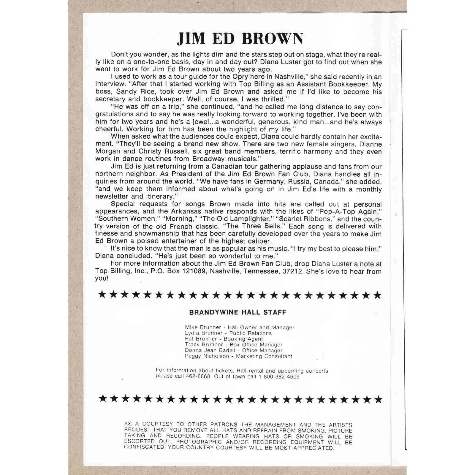 1981 Jim Ed Brown Dianne Morgan Christy Russel Autograph Program Brandywine Hall, image 3