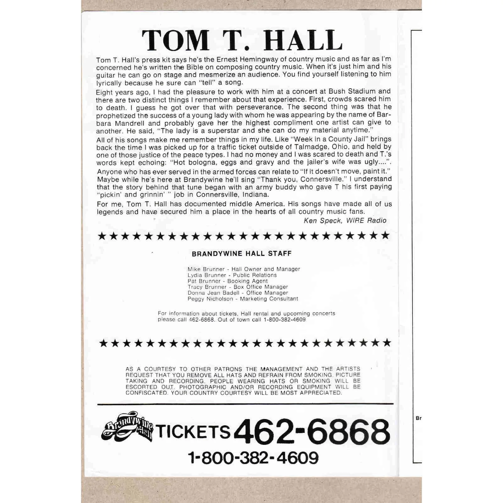 1981 Tom T Hall Signed Autograph Concert Program Brandywine Hall Greenfield IN, image 3