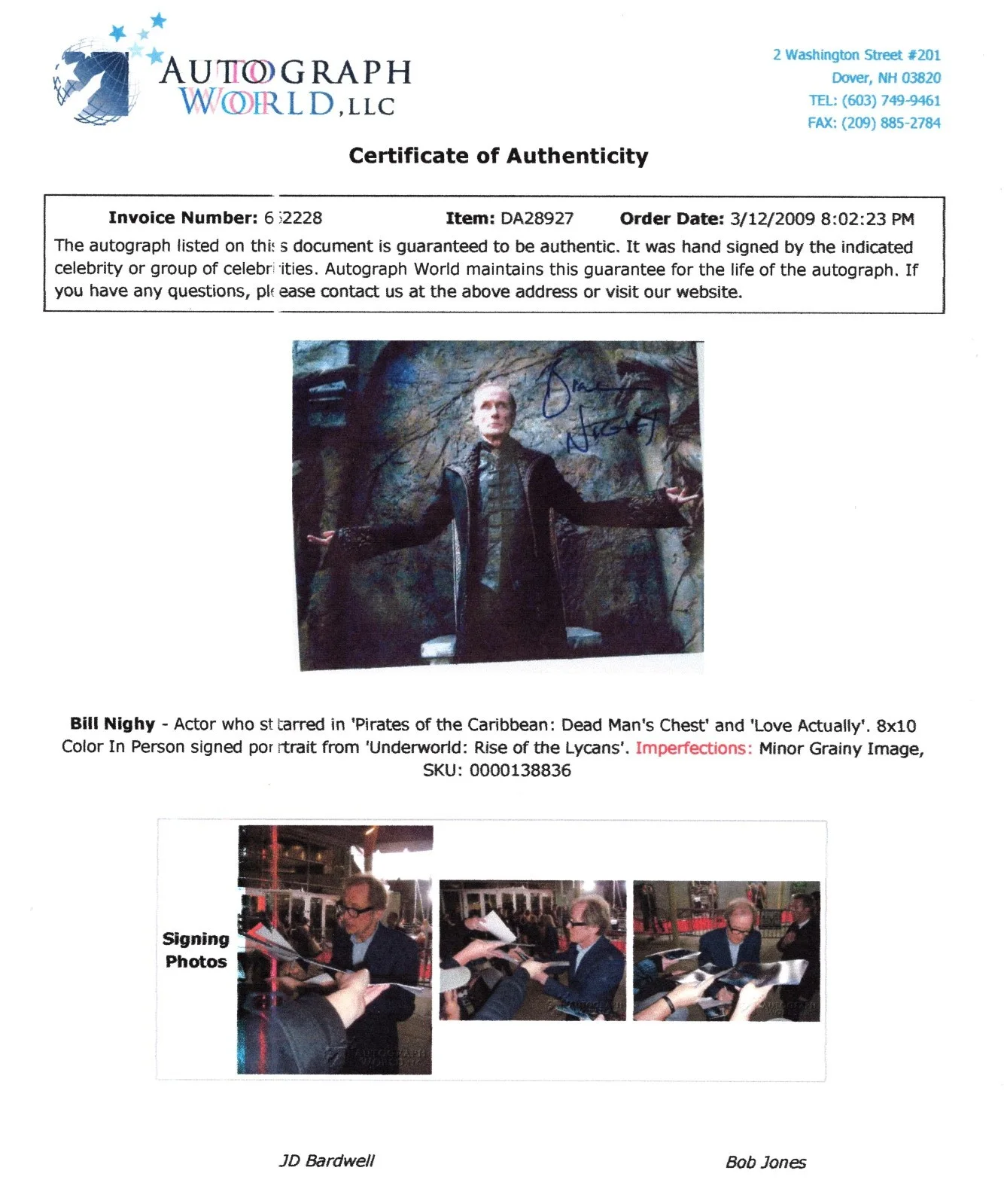 Bill Nighy — AUTOGRAPHED 8X10 SIGNED BY BILL NIGHY IN UNDERWORLD: RISE OF THE LYCANS UACC COA, изображение 2