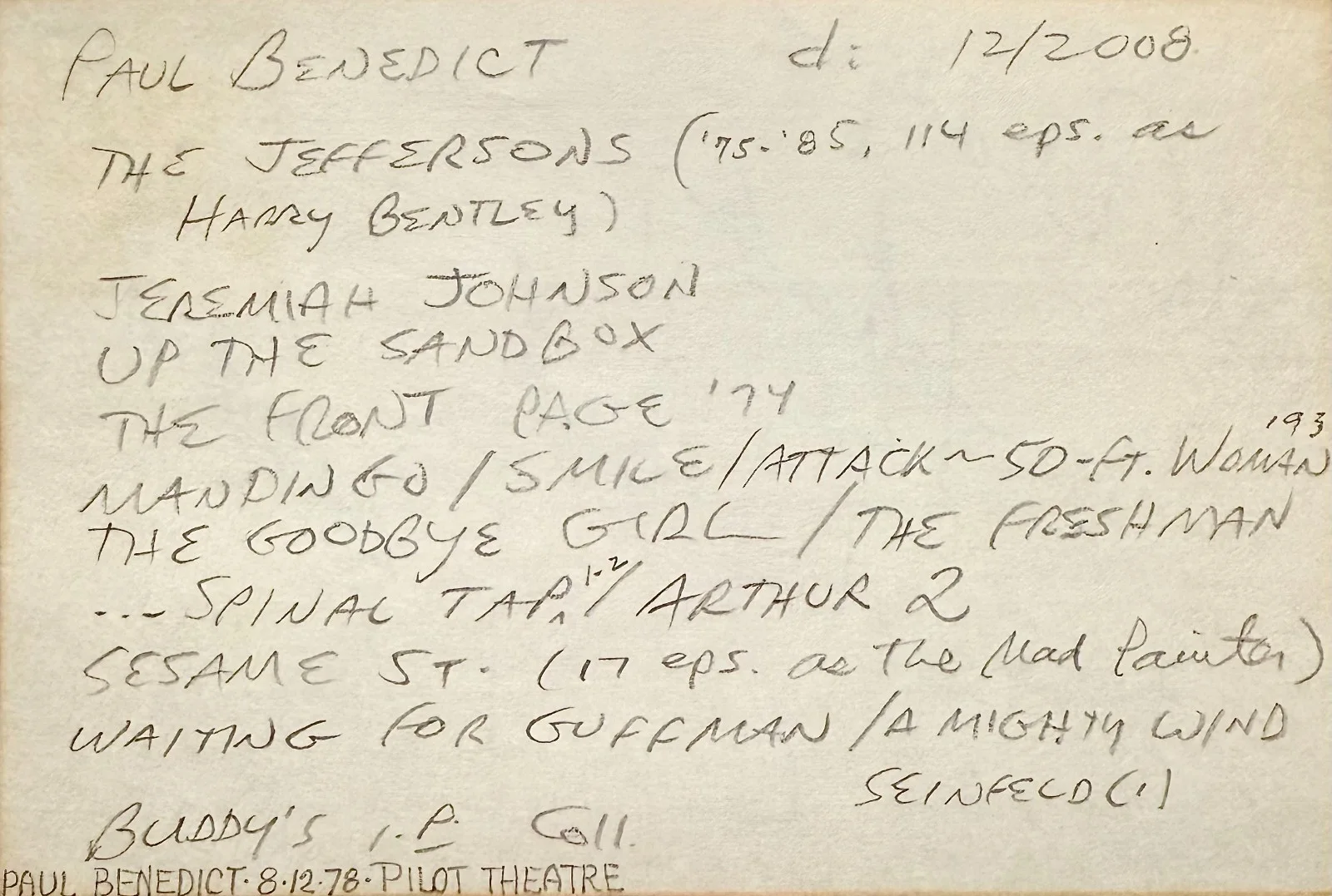 Paul Benedict — PAUL BENEDICT Signed Autographed 4x6 INDEX CARD Attack of the 50 Ft. Woman SMILE, изображение 2