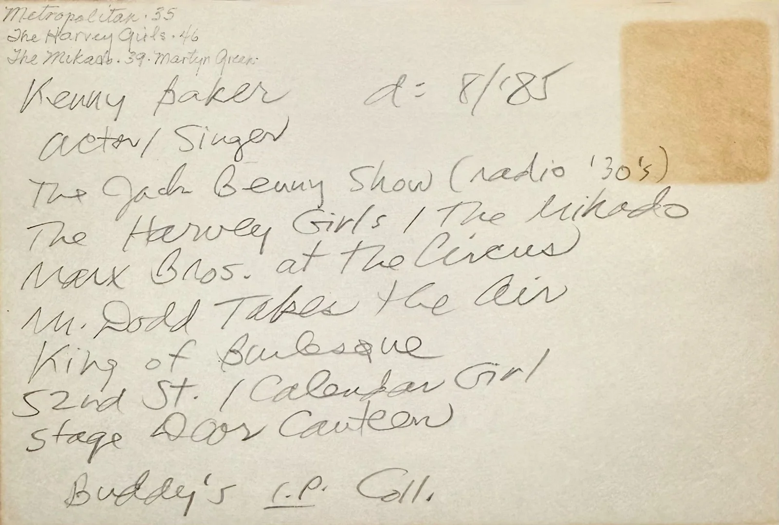 Kenny Baker — KENNY BAKER Signed Autographed 4x6 INDEX CARD Singer Actor The Jack Benny Show, изображение 2
