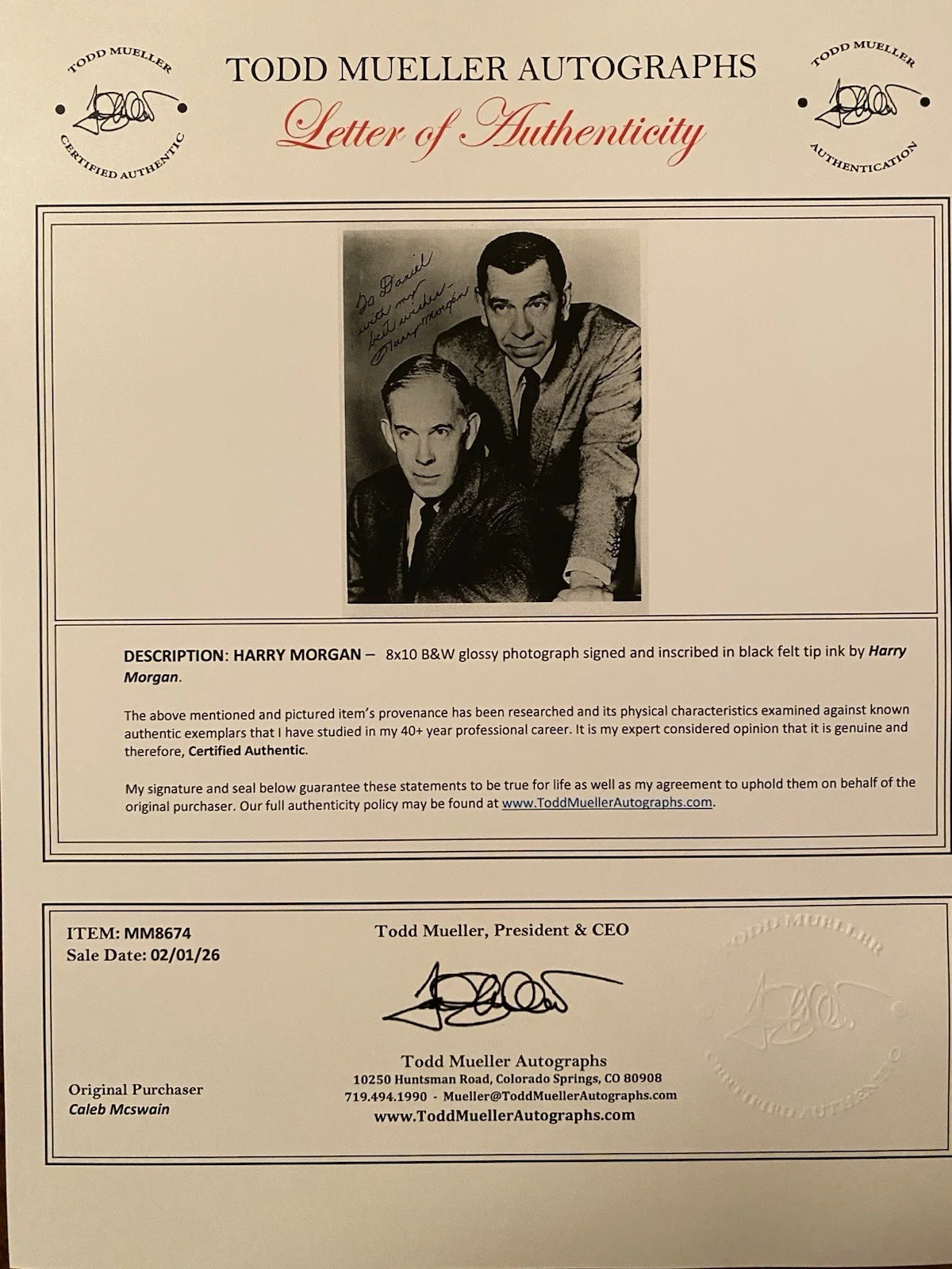 Harry Morgan — Harry Morgan Signed Autographed 8x10 Dragnet Photo With COA, image 4