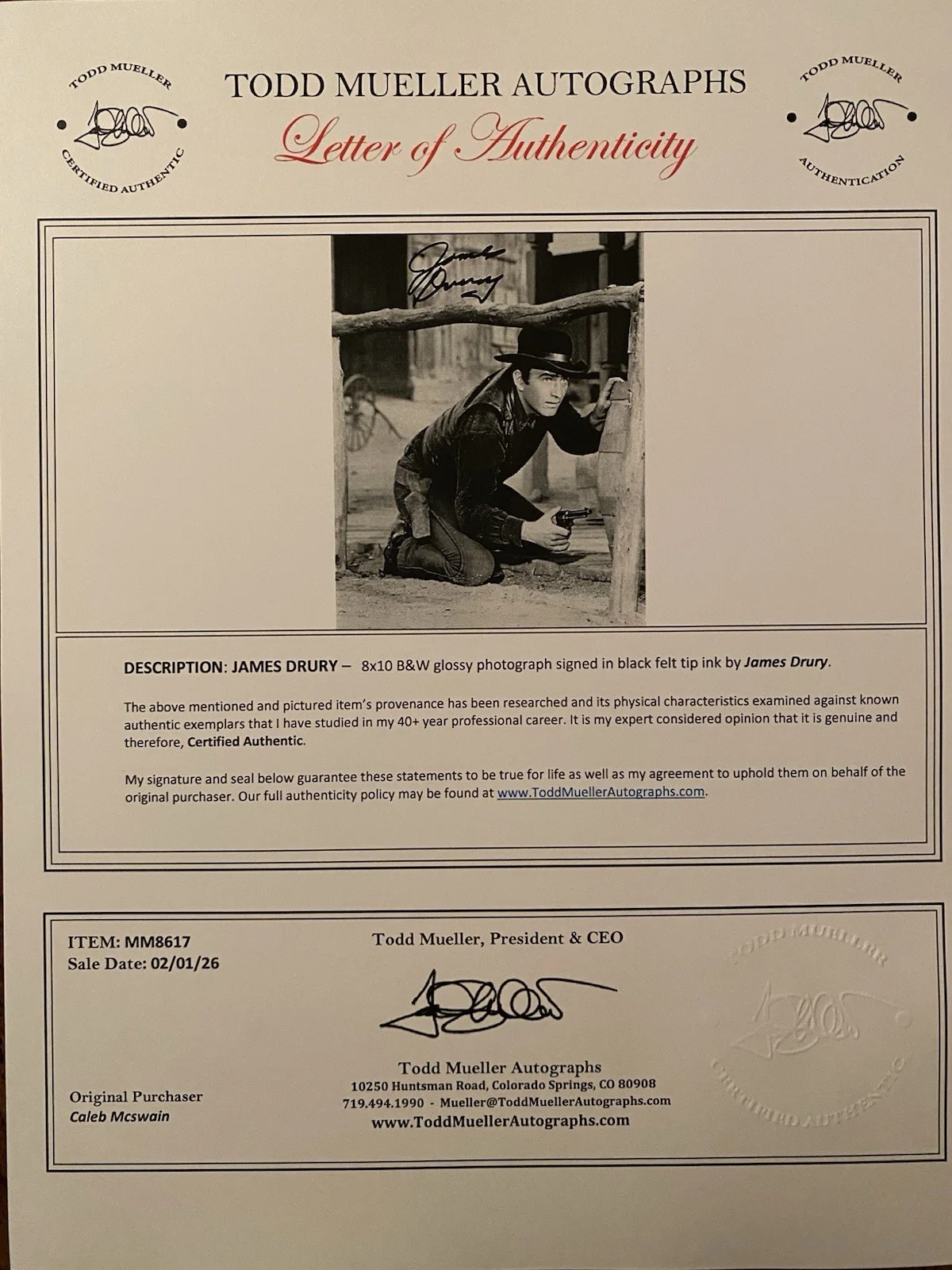 James Drury — James Drury The Virginian Signed Autographed 8x10 Photo With COA Western, image 4