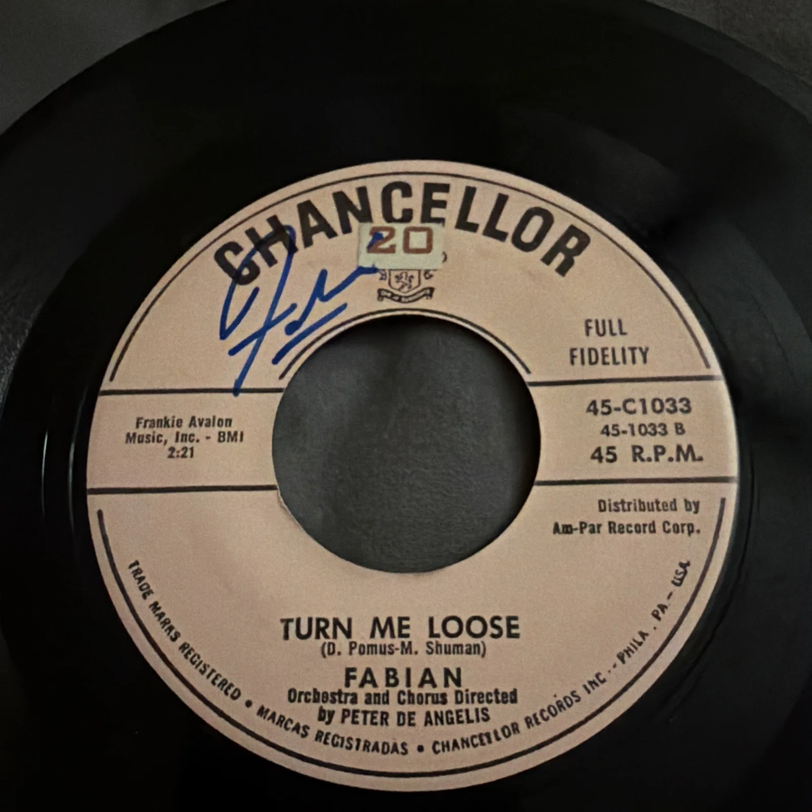 Fabian Signed 45 Turn Me Loose Chancellor Records Autograph, изображение 2