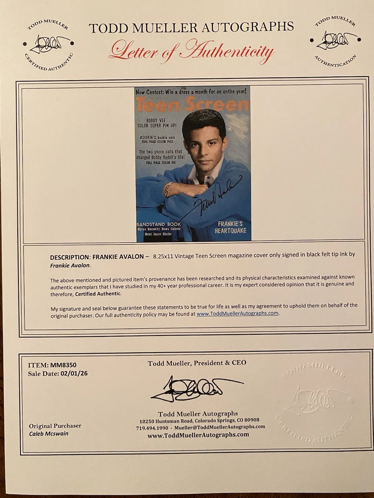 Frankie Avalon Signed Autographed Vintage Teen Screen Magazine With COA Singer, image 4